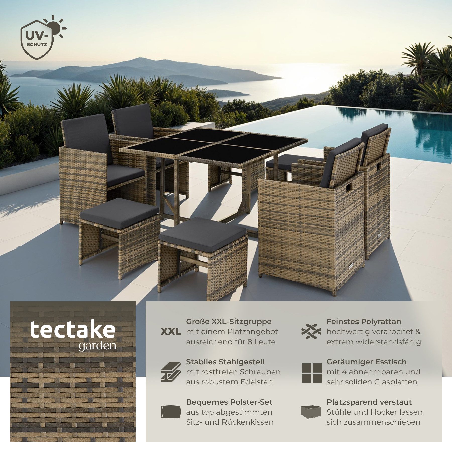 tectake Sitzgruppe Rattan-Gartenlounge für 4 bis 8 Personen, Inkl. Schutzhülle, (Loungeset Bilbao, 9-tlg., für Außen in Naturfarben), widerstandsfähig, UV-beständig, mit Sicherheitsglasplatten