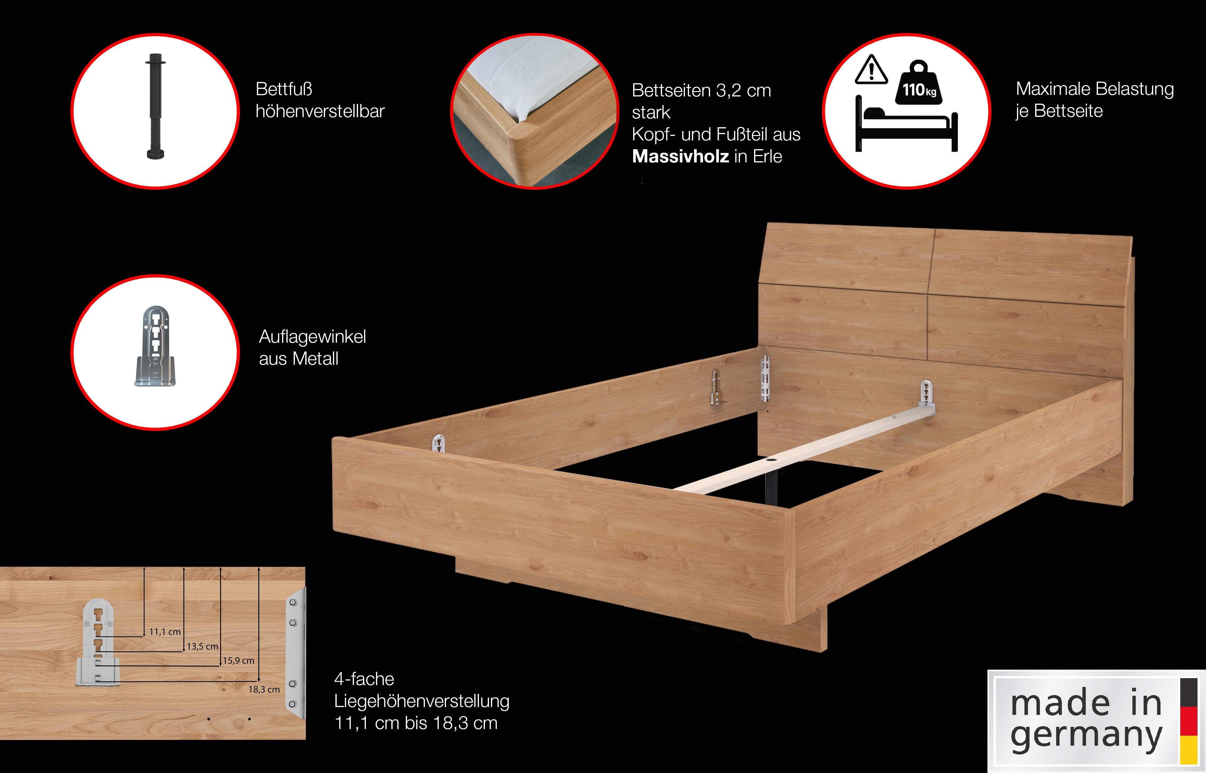 WIEMANN Holzbett Cardiff, Bettgestell, Bettrahmen, teilmassiv Erle (Belastbarkeit 110/220 Kg, 4-fache höhenverstellbar, MADE IN GERMANY), Kopf- und Fußteil aus Massivholz in Erle, verschiedene Größen