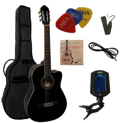 MSA Akustikgitarre Konzertgitarre mit EQ und Cutaway, Gitarre im Set mit Tasche, Band, Pleks, Stimmmgerät und Kabel