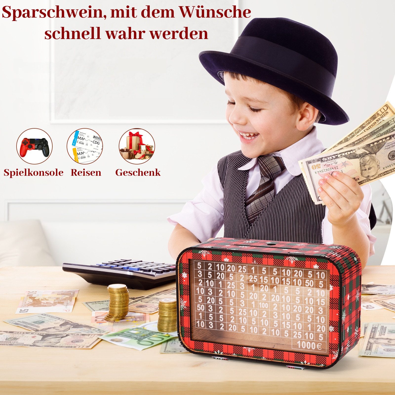 BlingBin Spardose 2026 4-in-1 Spardose aus Holz Sparbox Weihnachts Spardose günstig online kaufen