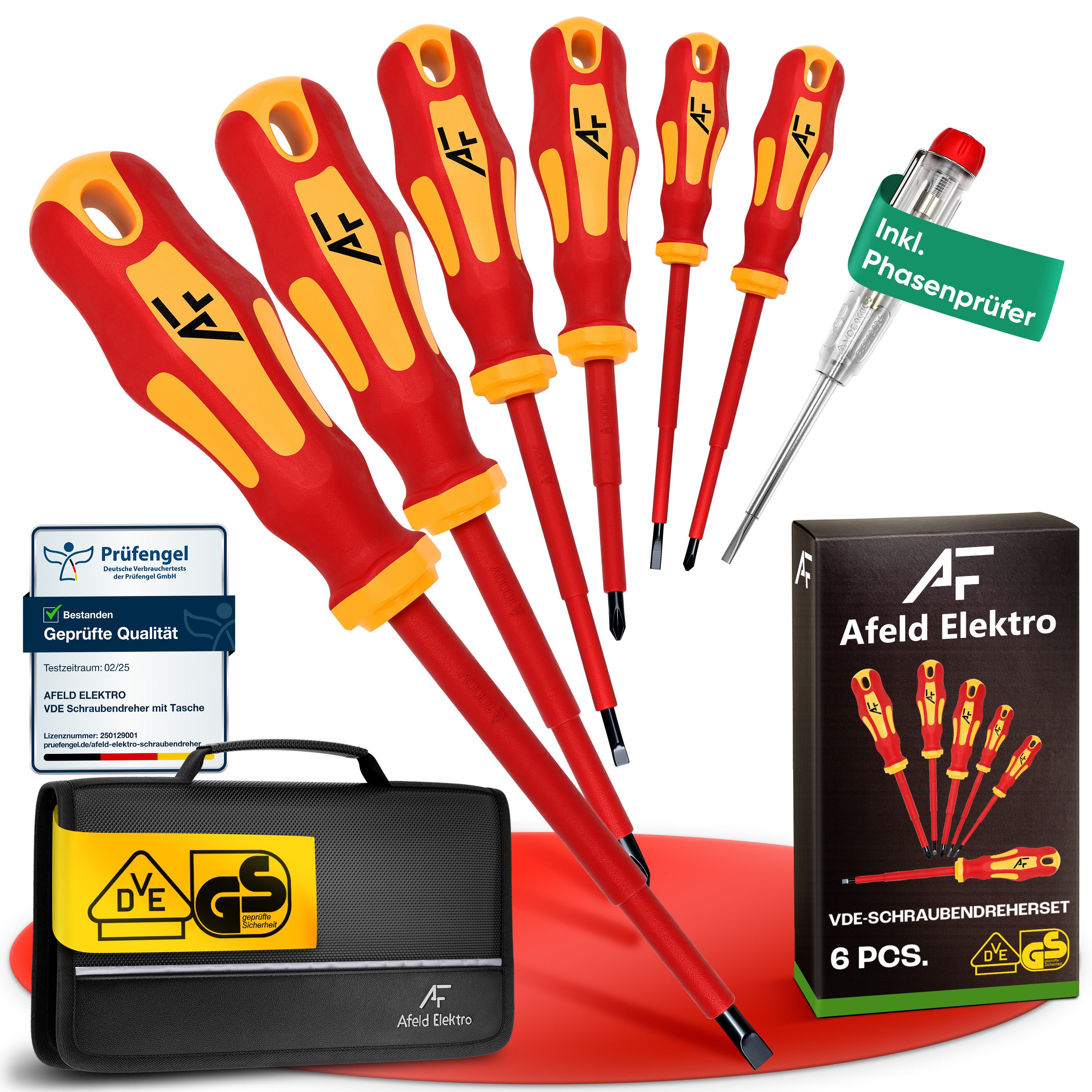 Afeld Elektro Schraubendreher VDE Elektriker 7er Set, (8 St), bis 1.000V, S2-Stahl, Ergonomisch, Magnetisch, Phasenprüfer, Tasche