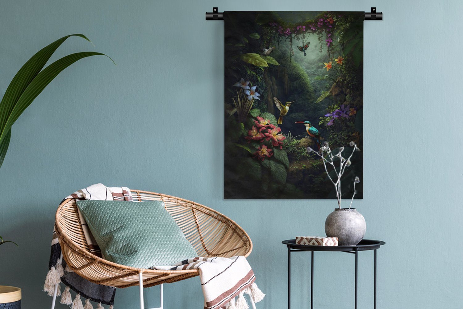 Blumen - der Deko Vögel, Wohnzimmer, - für Schlafzimmer Wand, Pflanzen Wanddekoobjekt Tapisserie, MuchoWow Dschungel - an