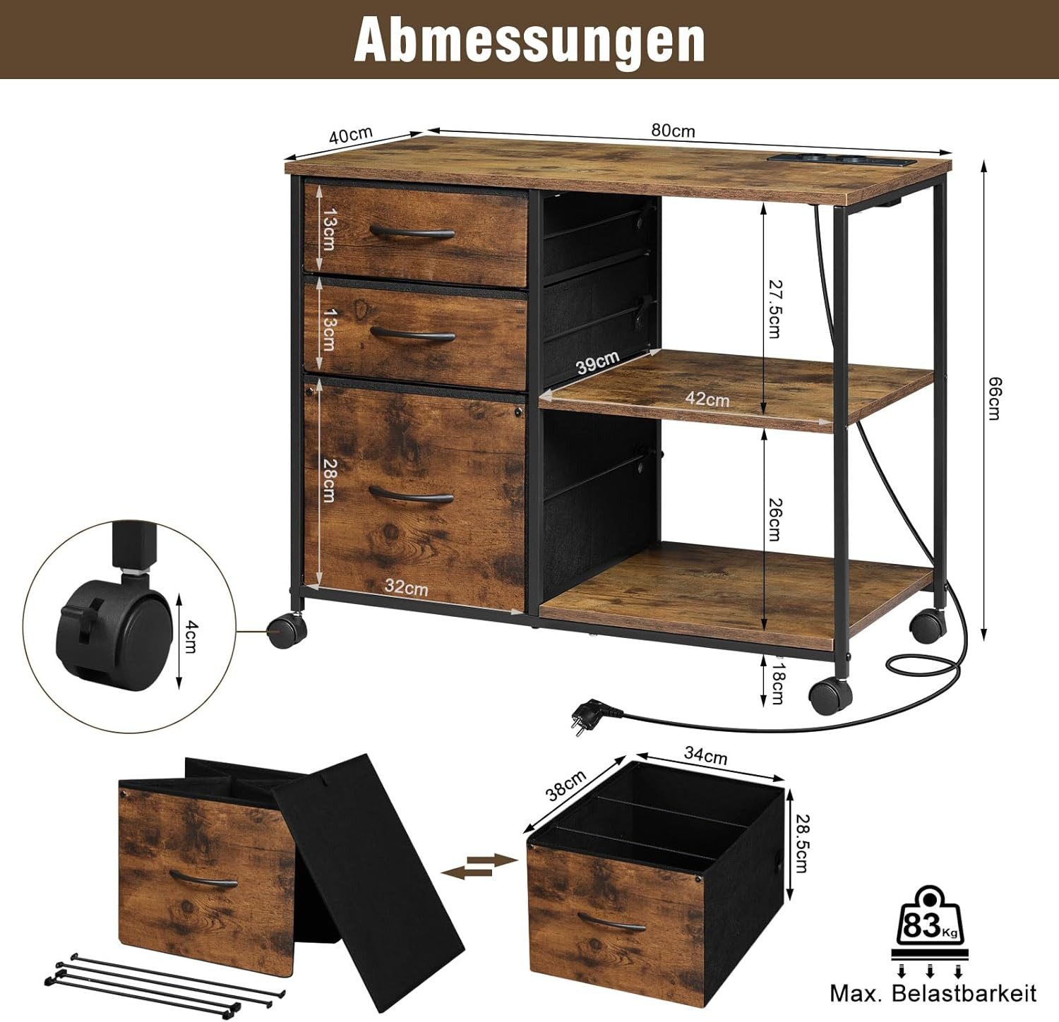 Woltu Aktenschrank mit Schubladen, mit Ladestation, Druckertisch mit Rollen