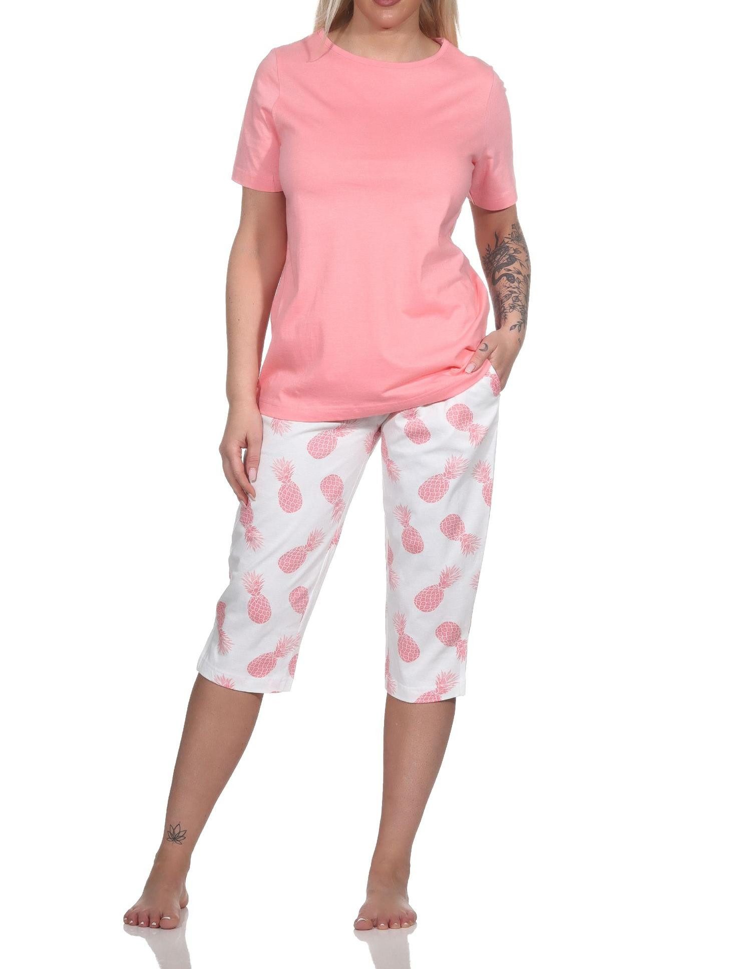 Normann Pyjama Damen Kurzarm Schlafanzug mit Caprihose Homewear und Ananas als Motiv