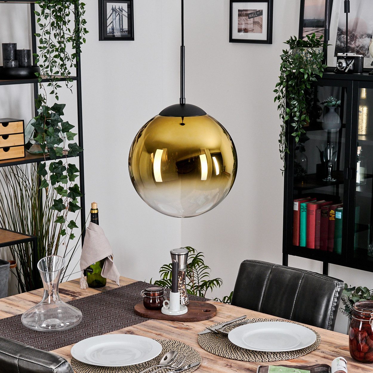 hofstein Hängeleuchte moderne vintage Hängelampe aus Metall/Glas in Schwarz/Goldfarben/Klar, ohne Leuchtmittel