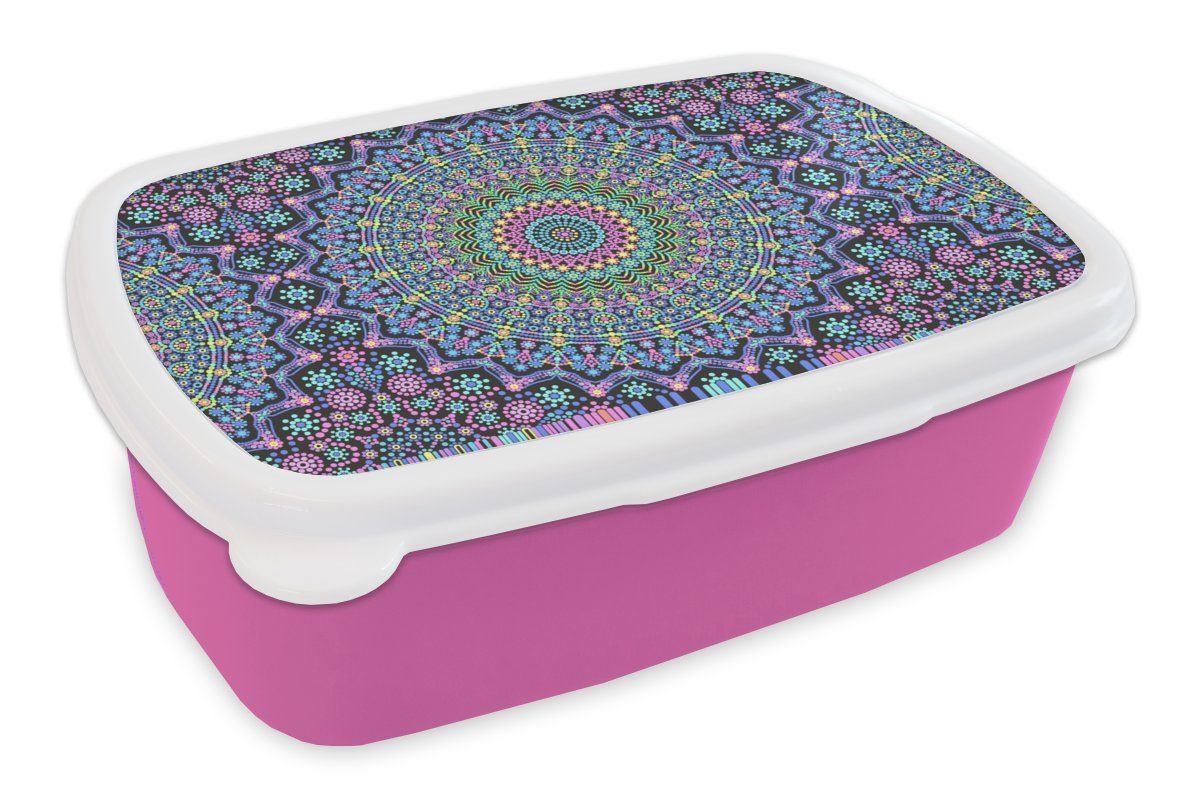 Brotdose Mädchen, Neon Kunststoff - Kunststoff, Hippie MuchoWow rosa Lunchbox - Brotbox - Mandala Muster, Snackbox, (2-tlg), Regenbogen Kinder, für - Erwachsene,
