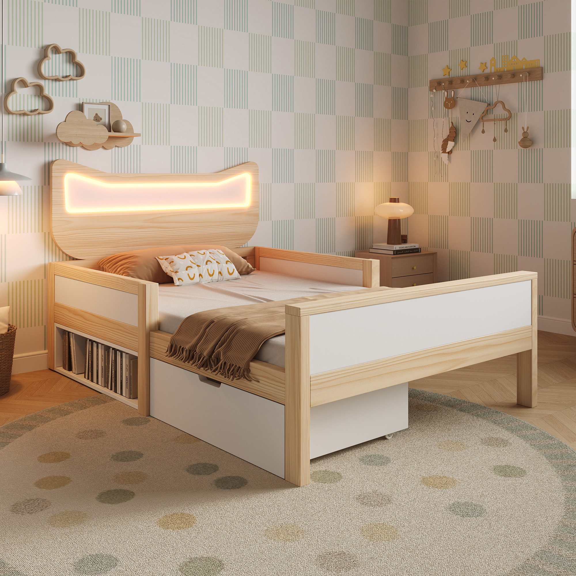 TavilaEcon Kinderbett mit Katzenohren Kopfteil & RGB‑LED‑Beleuchtung (1-tlg), mit flexibler Schublade & Staufach links/rechts montierbar