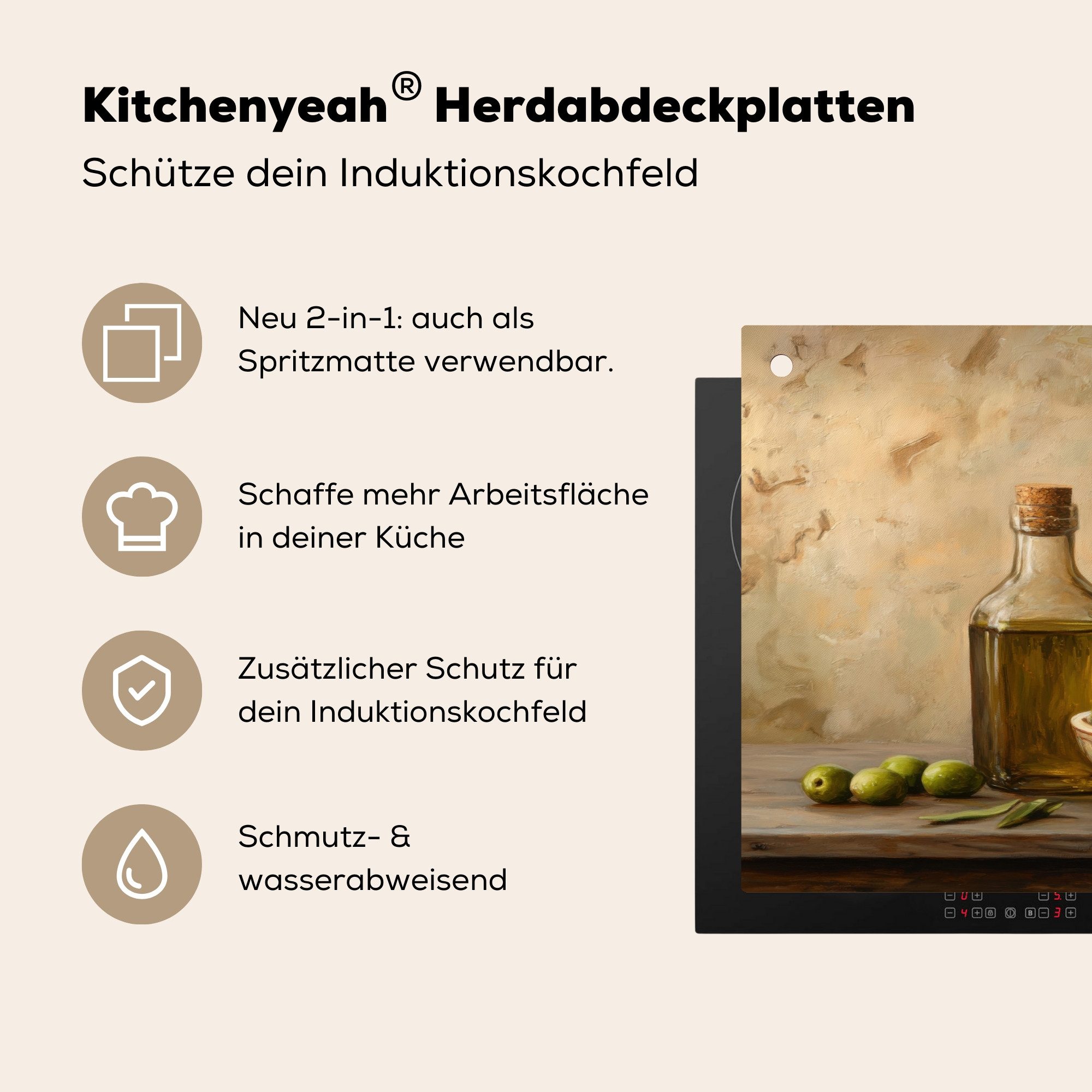 KitchenYeah Küchenrückwand Oliven - Stilleben - Vintage, (1-tlg), Herdplattenabdeckung für Ceranfeld, Spritzschutz Küche, 70x50 cm – Bild 4 von 5