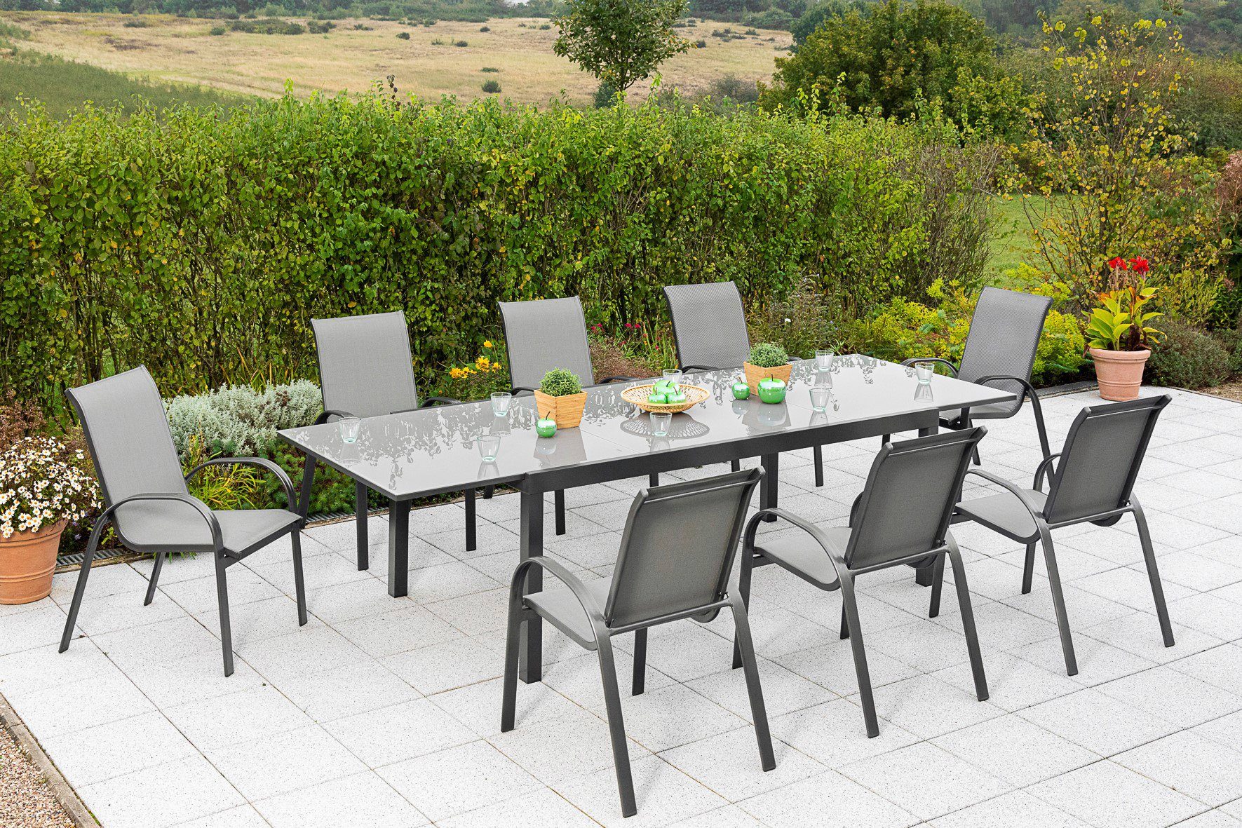 MERXX Garten-Essgruppe Amalfi, (Set, 9-tlg), 8 Stapelsessel, Ausziehtisch
