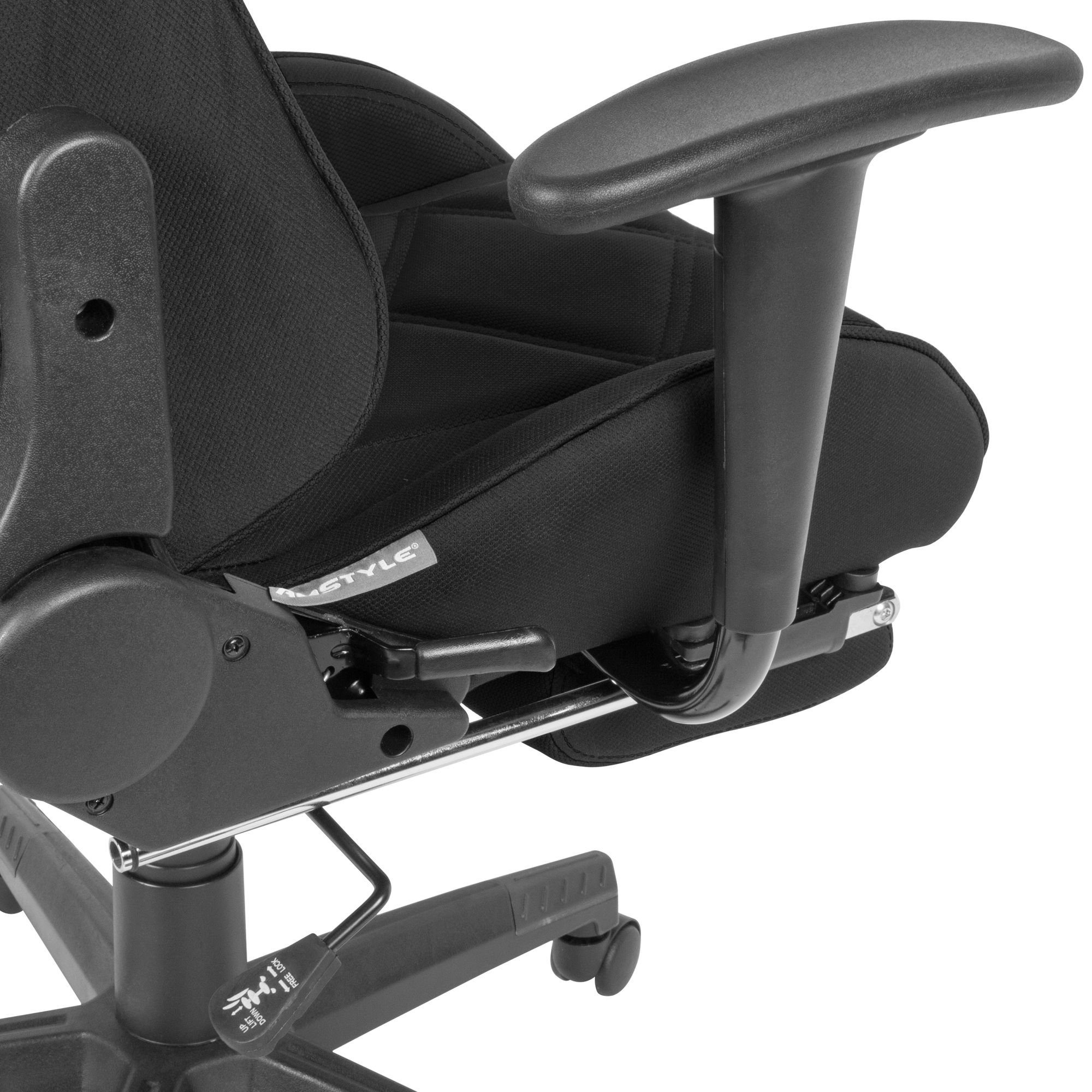 Amstyle Gaming bis (Stoff ausziehbarer Drehstuhl Chair Fußstütze kg), Modern, Schwarz mit 120 SPM1.417 Schreibtischstuhl