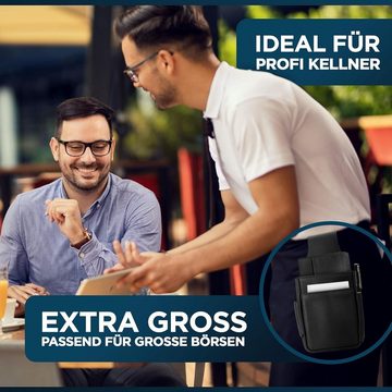 FLEXIBILITE Kellnerbörse Kellnertasche Echt Leder Bedienungsgeldbeutel Kellnerholster, EXTRA 47cm Stahlkette - Hinterfach für Handy etc.