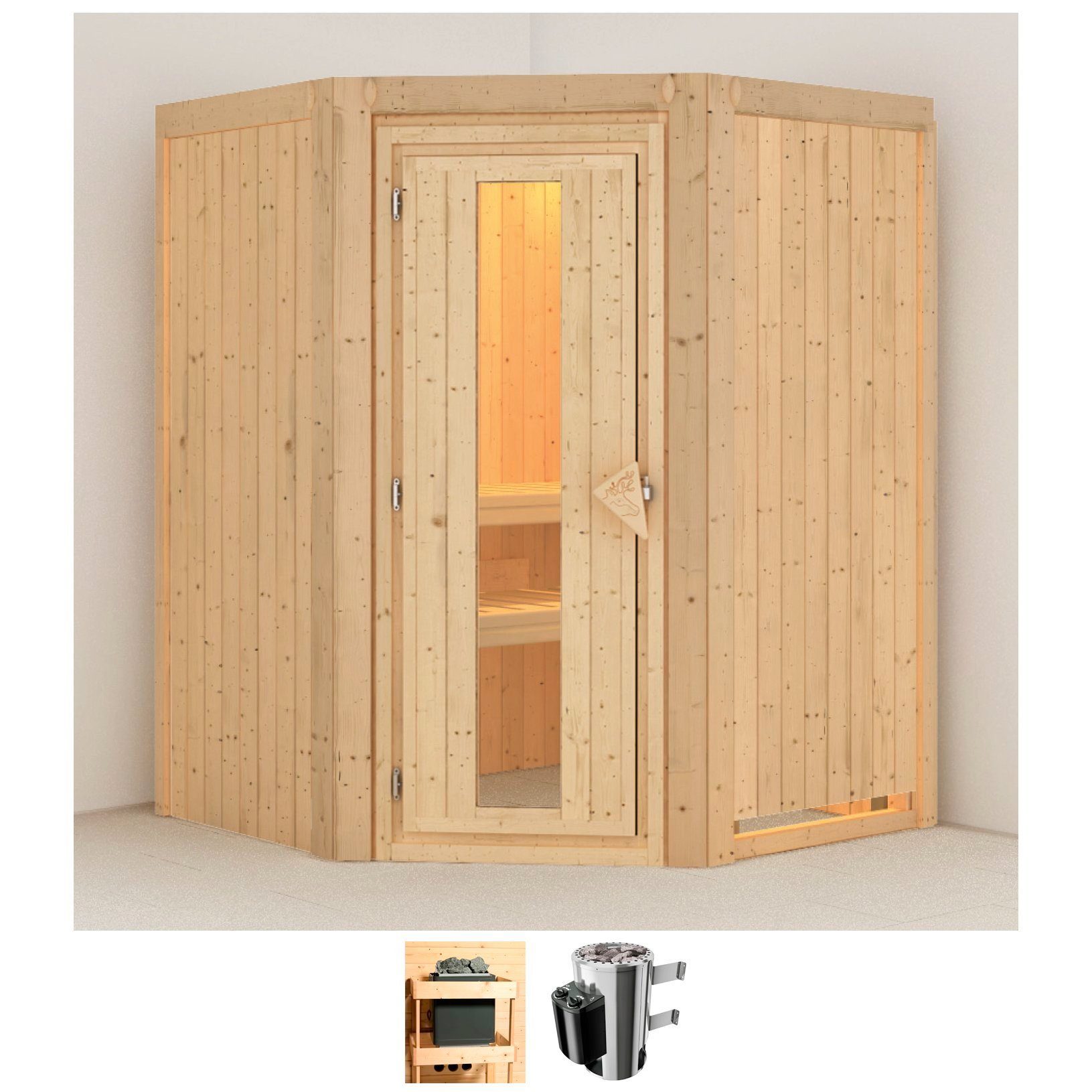 Karibu Sauna Nanna, BxTxH: 151 x 151 x 198 cm, 68 mm, (Set) Ofen 3,6 kW intgr. Strg
