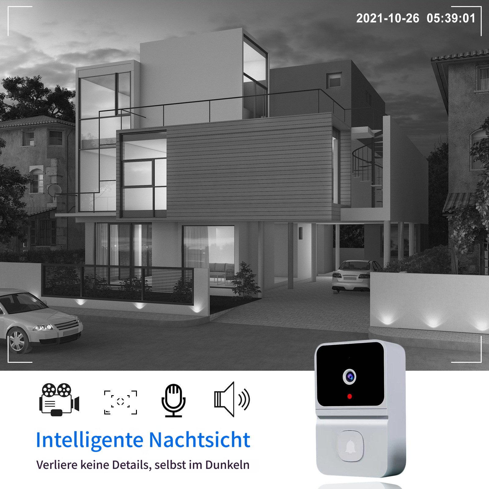 Tekoo Türklingel Smarte Video-Türklingel WLAN, Set mit Kamera & Indoor-Chime (1x Videotürklingel, 1x Innen-Empfänger, 1x USB-Kabel, Montageset), Video-Kamera, Nachtsicht, 2-Wege-Audio, Cloud-Speicher
