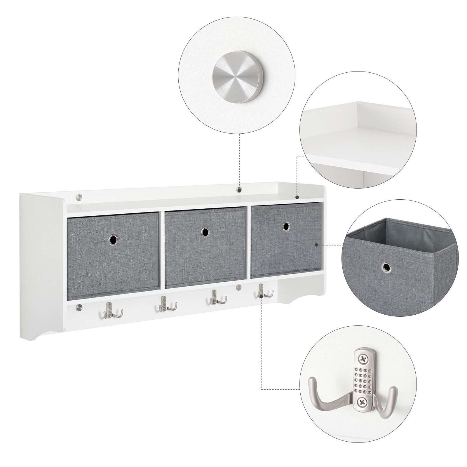 Mondeer Wandgarderobe Wandregal, Hängeregal mit 3 Körben und 5 Haken, Weiß – Bild 5 von 5