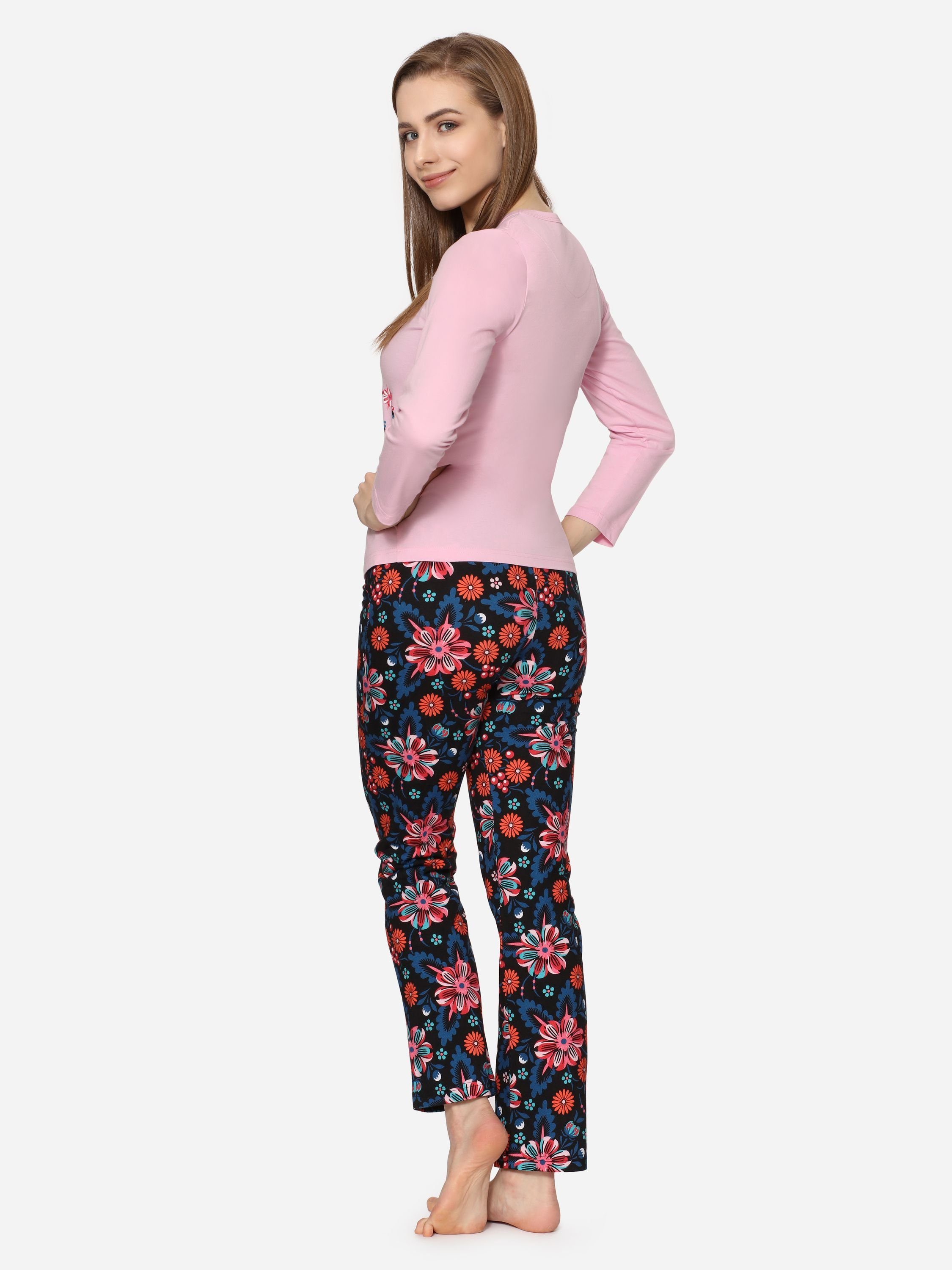 Damen Zweiteilieger Style MS10-192 Licht Schlafanzug Pyjama Rosa/Blumen2 Merry Lang Winter Schlafanzug