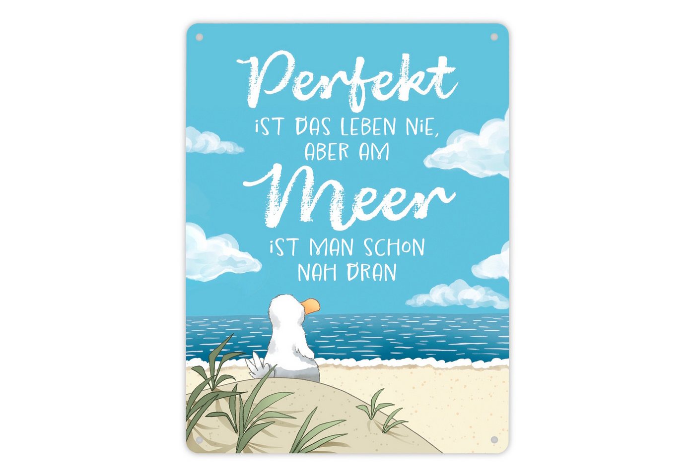speecheese Metallschild Möwe am Strand Metallschild XL in 21x28 cm mit Spruch Leben Meer fast