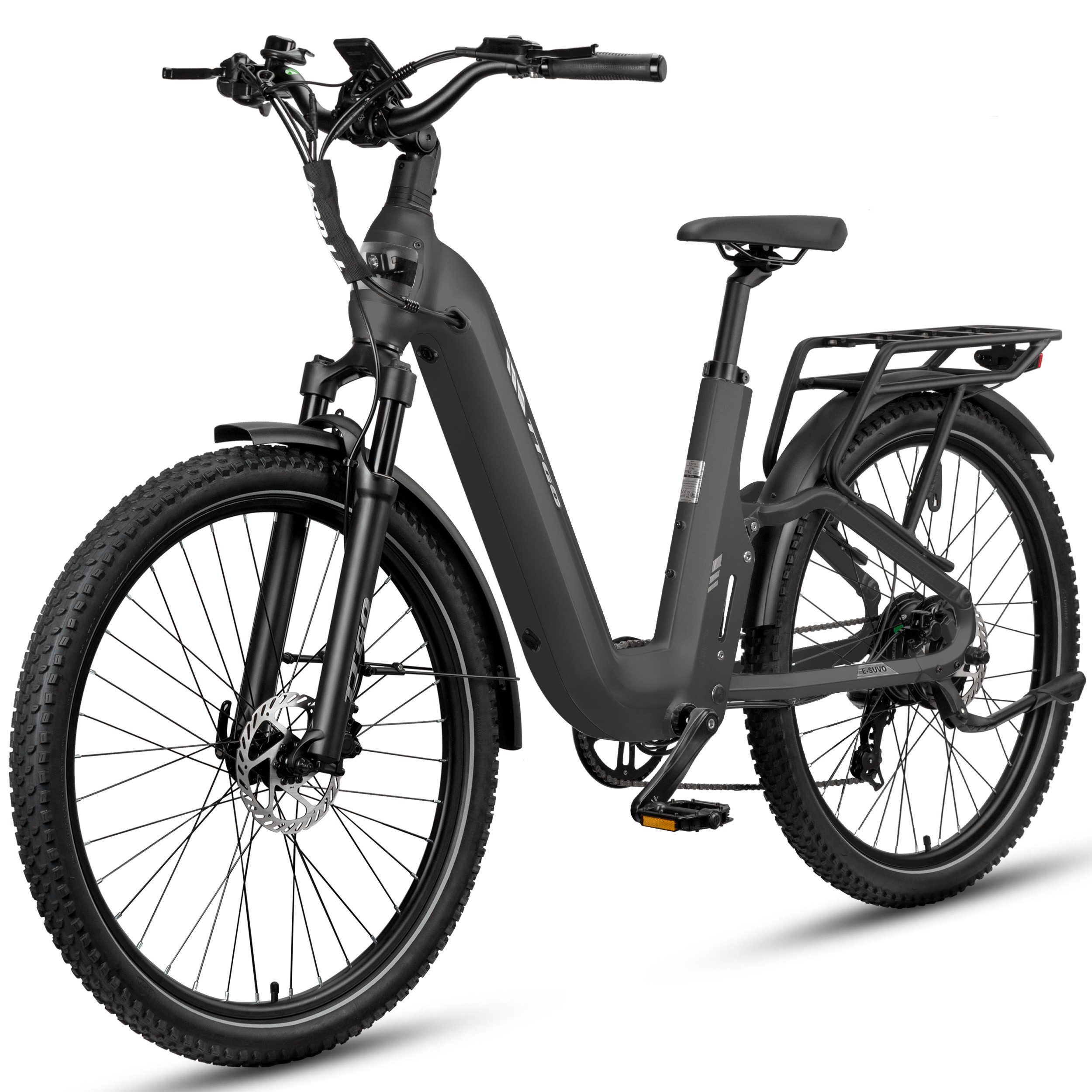 TTGO E-Bike Cityrad 28 Zoll, SUV, Fully, Vollfederung, max. 120km, 70Nm, Drehmomentsensor, 7 Gang Shimano ARDTY300D Schaltwerk, Kettenschaltung, Heckmotor, 720 Wh, (mit Bremslicht, Farb-LCD-Display, Hydraulische Scheibenbremsen), S6, Federgabel, 5 Stufen, Elektrofahrrad für Damen und Herren