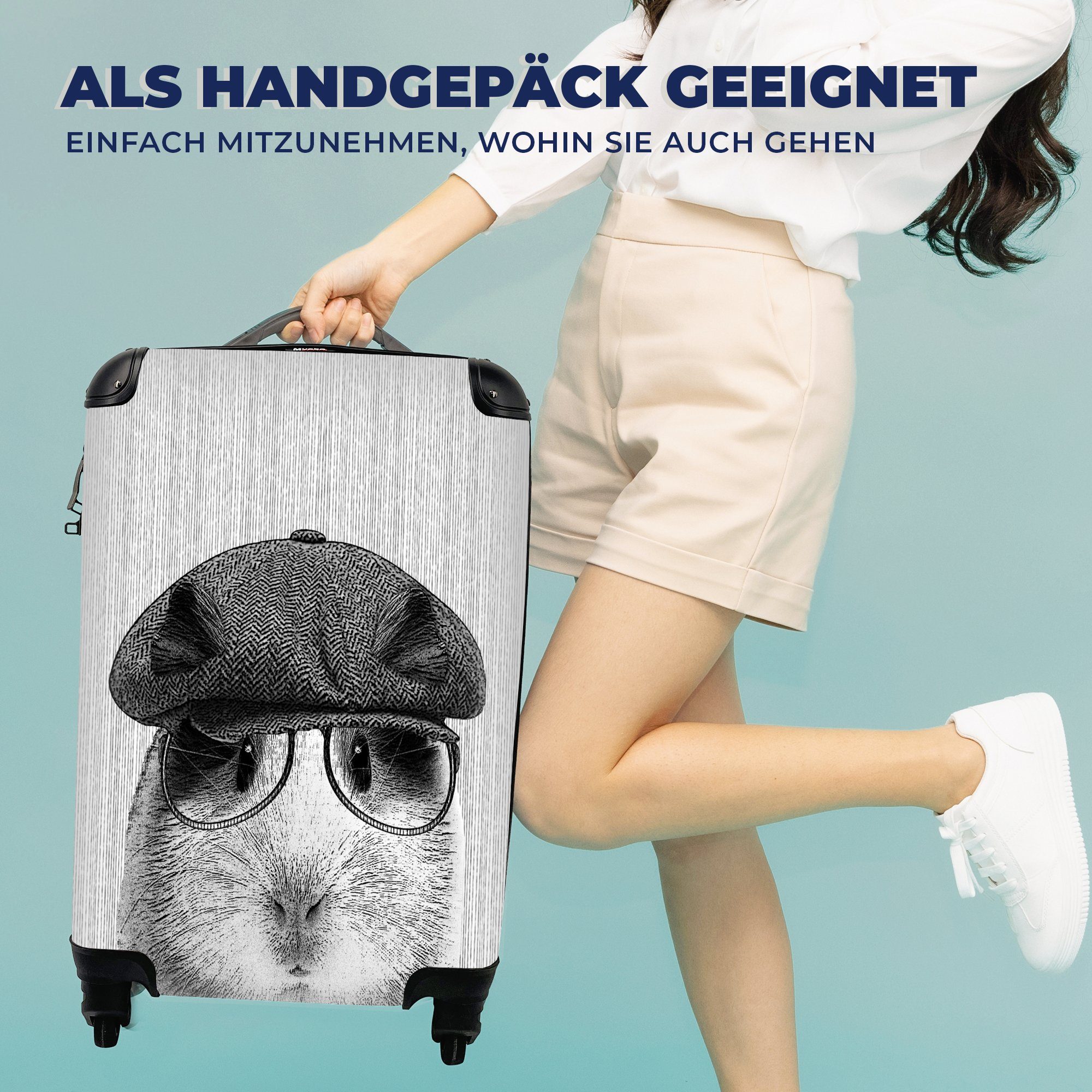 Trolley, MuchoWow für Baskenmütze Handgepäckkoffer Handgepäck rollen, Reisekoffer Brille Rollen, 4 Reisetasche - - Meerschweinchen mit - Ferien, Hipster,