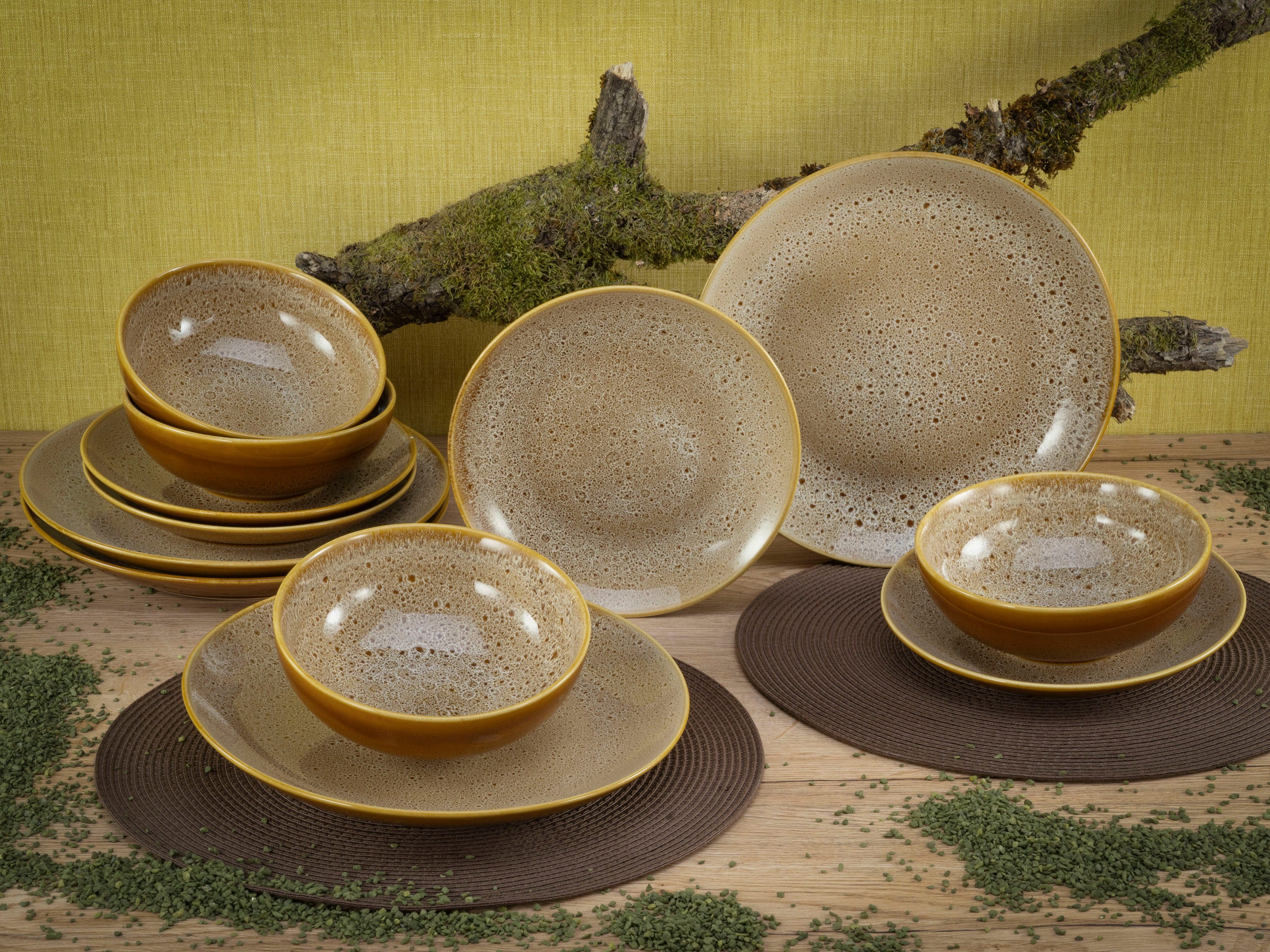 CreaTable Tafelservice Teller Set, Geschirr-Set Reactive Nostalgic (12-tlg), 4 Personen, Steinzeug, Service, jedes Stück ist ein Unikat, 12 Teile, für 4 Personen
