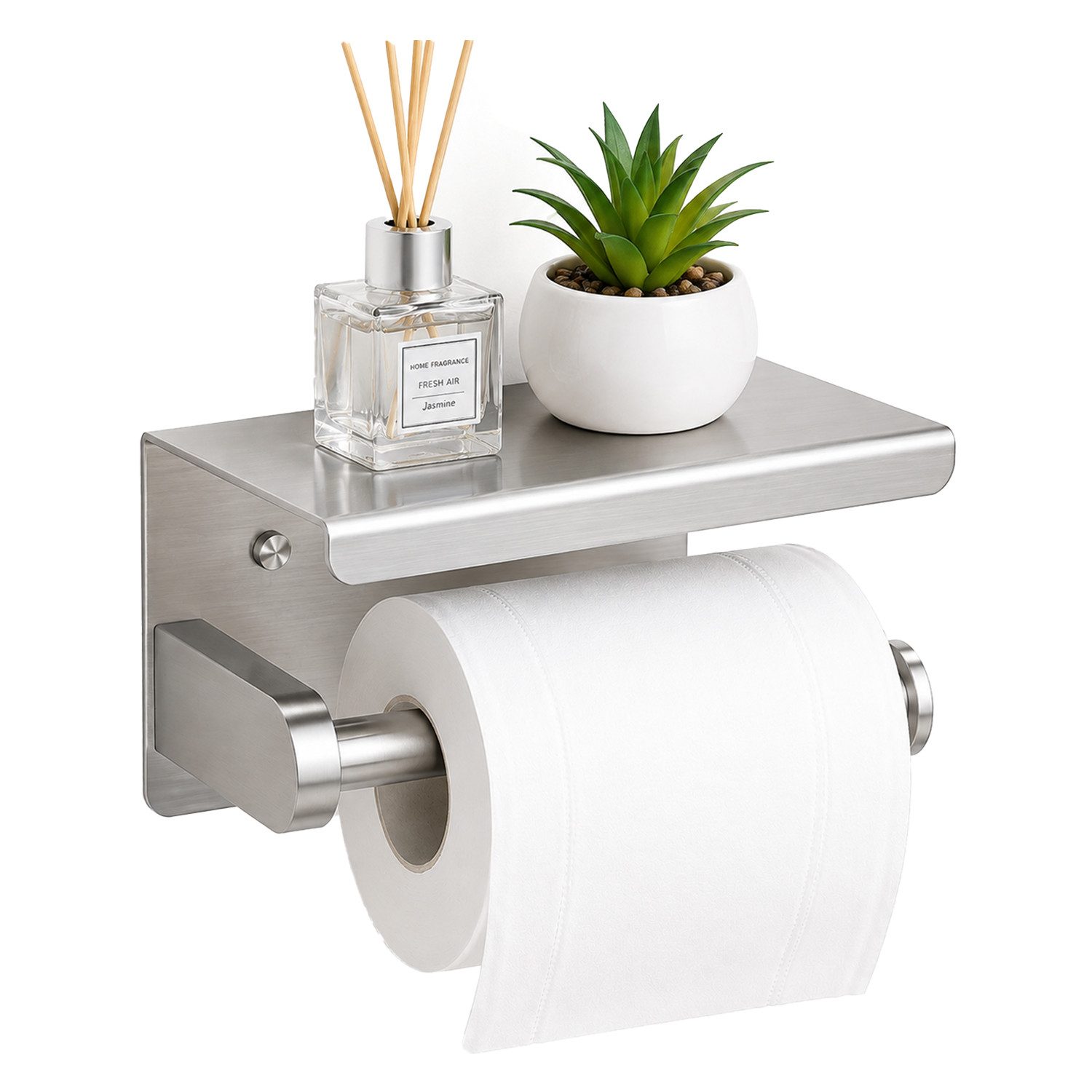 BOOD Toilettenpapierhalter aus Edelstahl mit Ablage, bohr‑/klebbar Wandmontage für Bad & Küche (Packung, inkl. Montagezubehör für Bohr‑ und Klebemontage), Praktische Ablagefläche,für Bad,Küche,passend für gängige Papierrollen