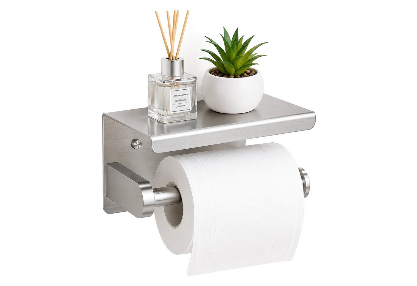 BOOD Toilettenpapierhalter aus Edelstahl mit Ablage, bohr‑/klebbar Wandmontage für Bad & Küche (Packung, inkl. Montagezubehör für Bohr‑ und Klebemontage), Praktische Ablagefläche,für Bad,Küche,passend für gängige Papierrollen