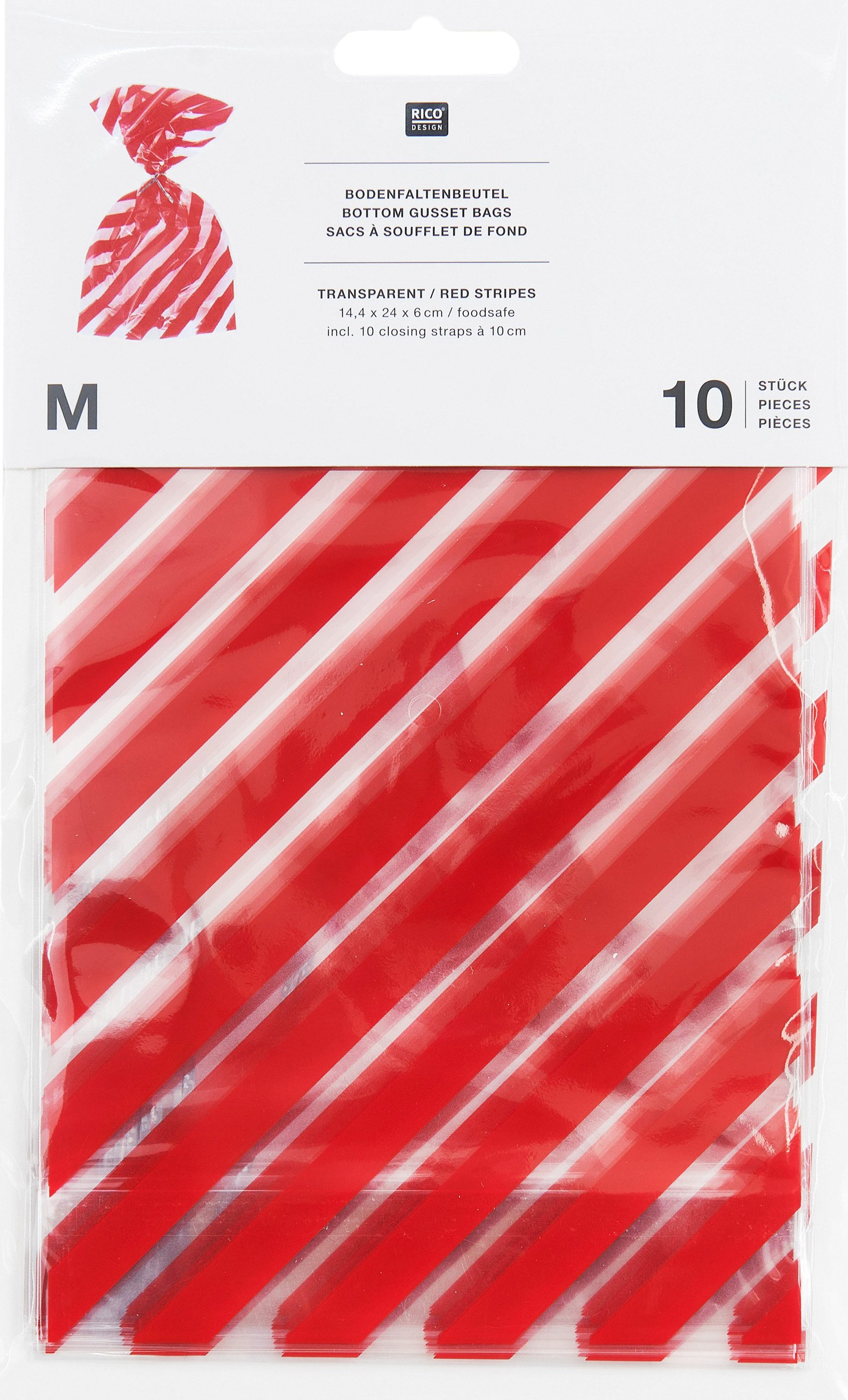 Rico Design Dekorationsfolie Bodenfaltenbeutel Rote Streifen mit Verschlussband, 10 Stück