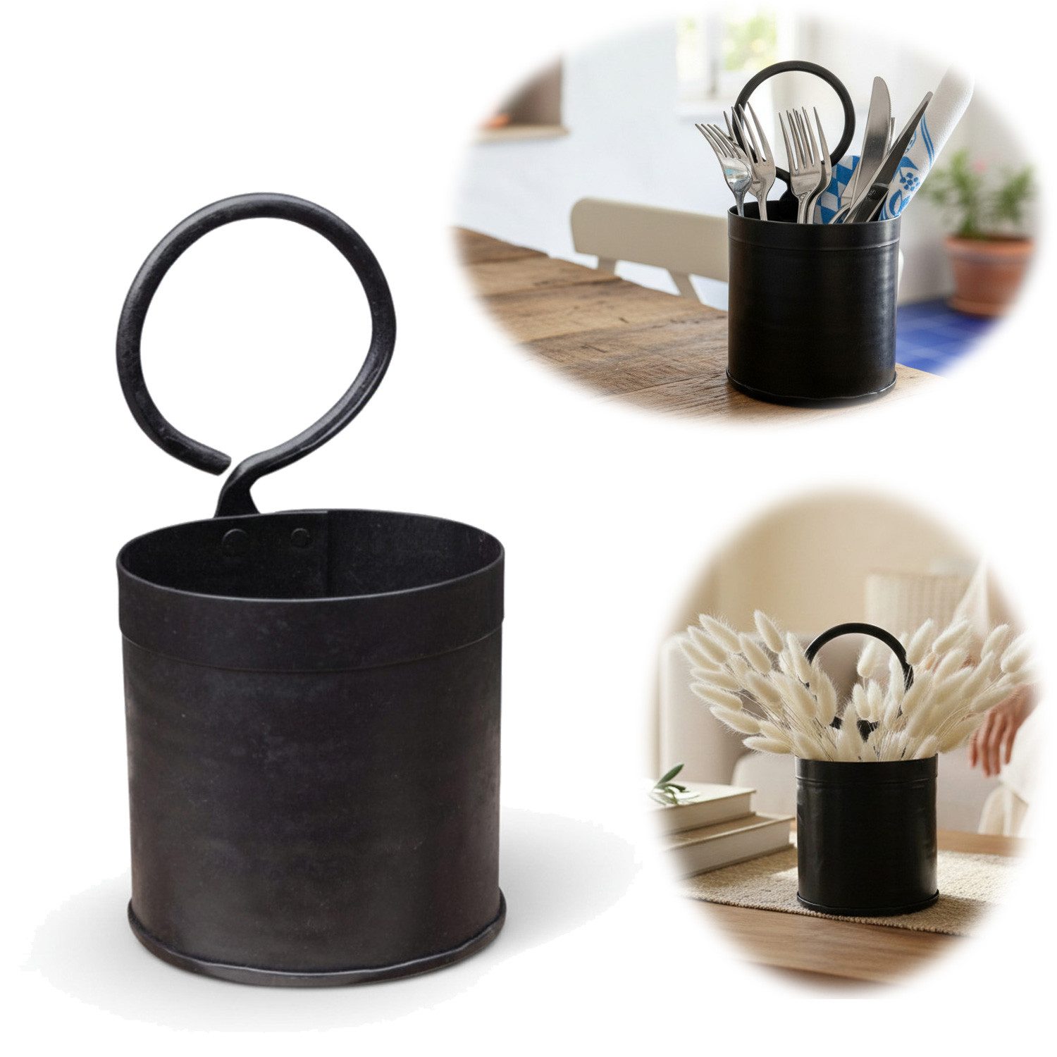 LS-LebenStil Besteckkorb Vintage Besteckständer Dehli 20cm Rund 1-fach Griff Utensilienhalter, (ideal auch im Büro als Stiftebox Stifteköcher, 1-tlg., Utensilo Organizer Besteckbehälter Besteckhalter Besteckkasten), Universal einsetzbar - als Blumenvase für Trockenblumen