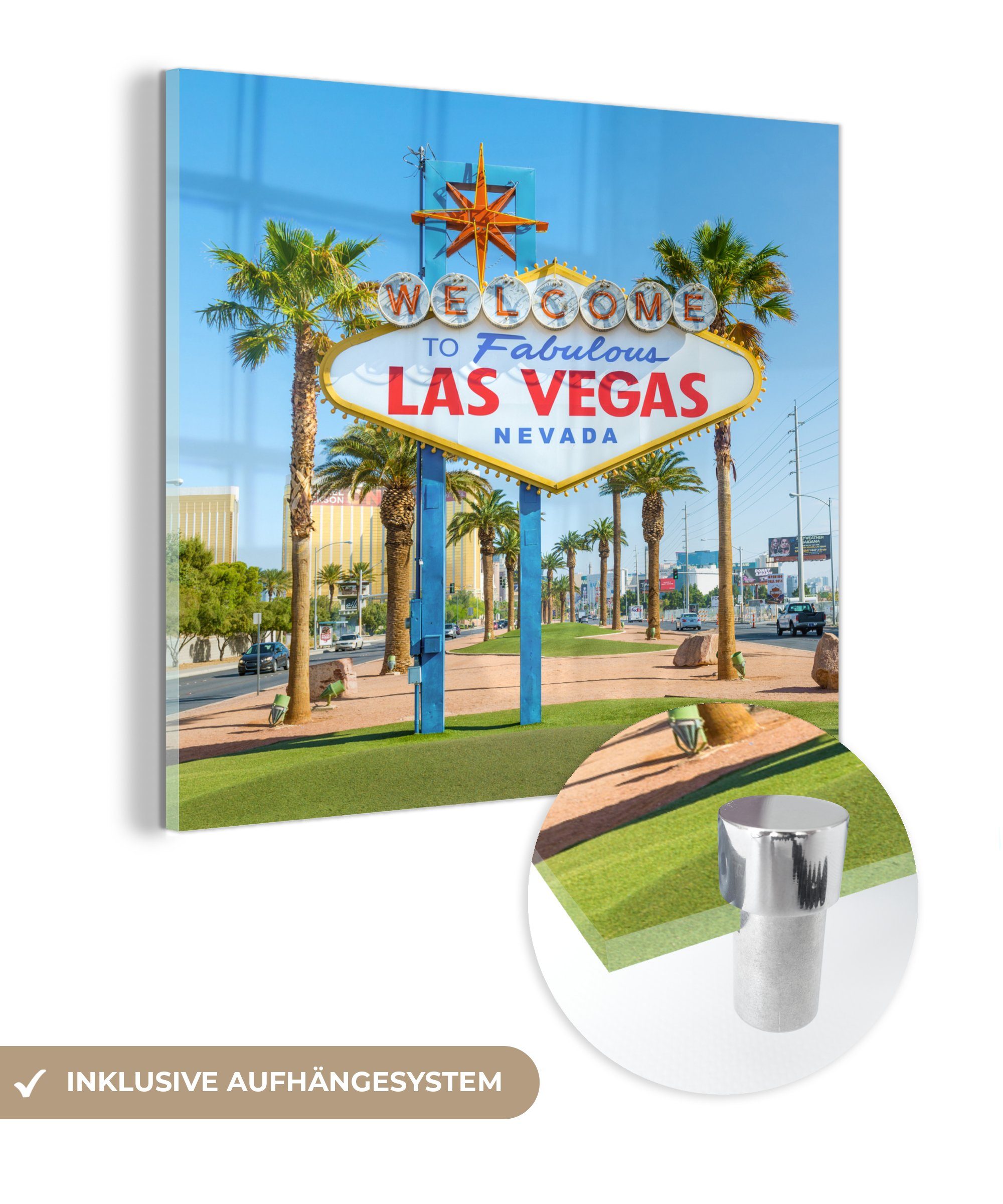 MuchoWow Acrylglasbild Willkommensschild in Las Vegas bei Tageslicht - Vereinigte Staaten, (1 St), Glasbilder - Bilder auf Glas Wandbild - Foto auf Glas - Wanddekoration