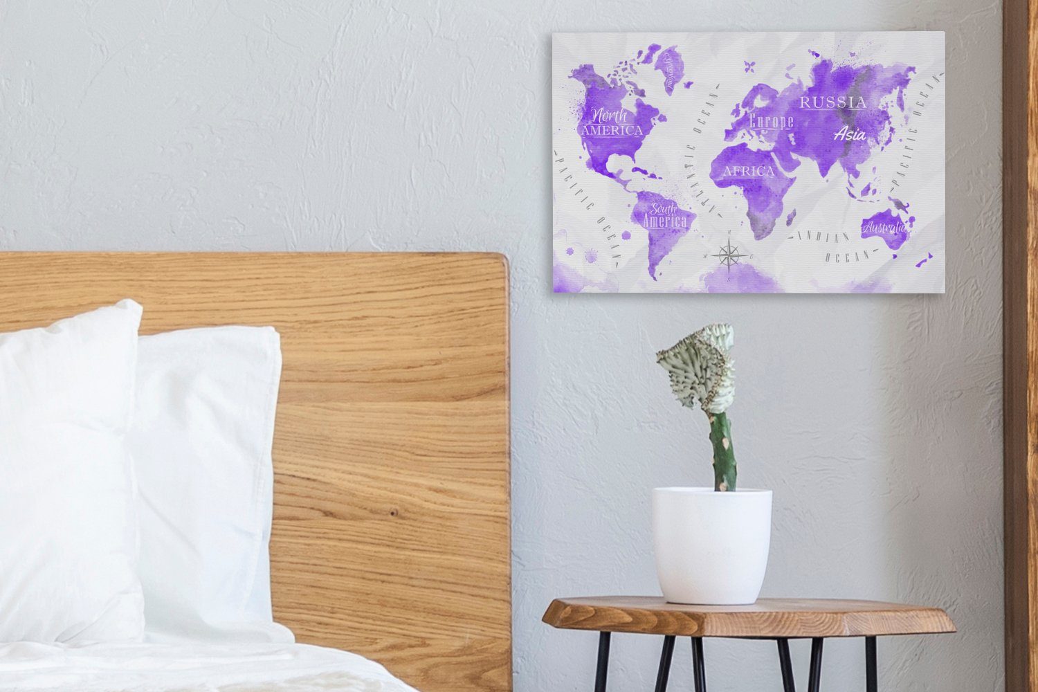 Weltkarte Ölfarbe Violett, St), OneMillionCanvasses® (1 - cm Leinwandbild Aufhängefertig, Wanddeko, 30x20 - Leinwandbilder, Wandbild