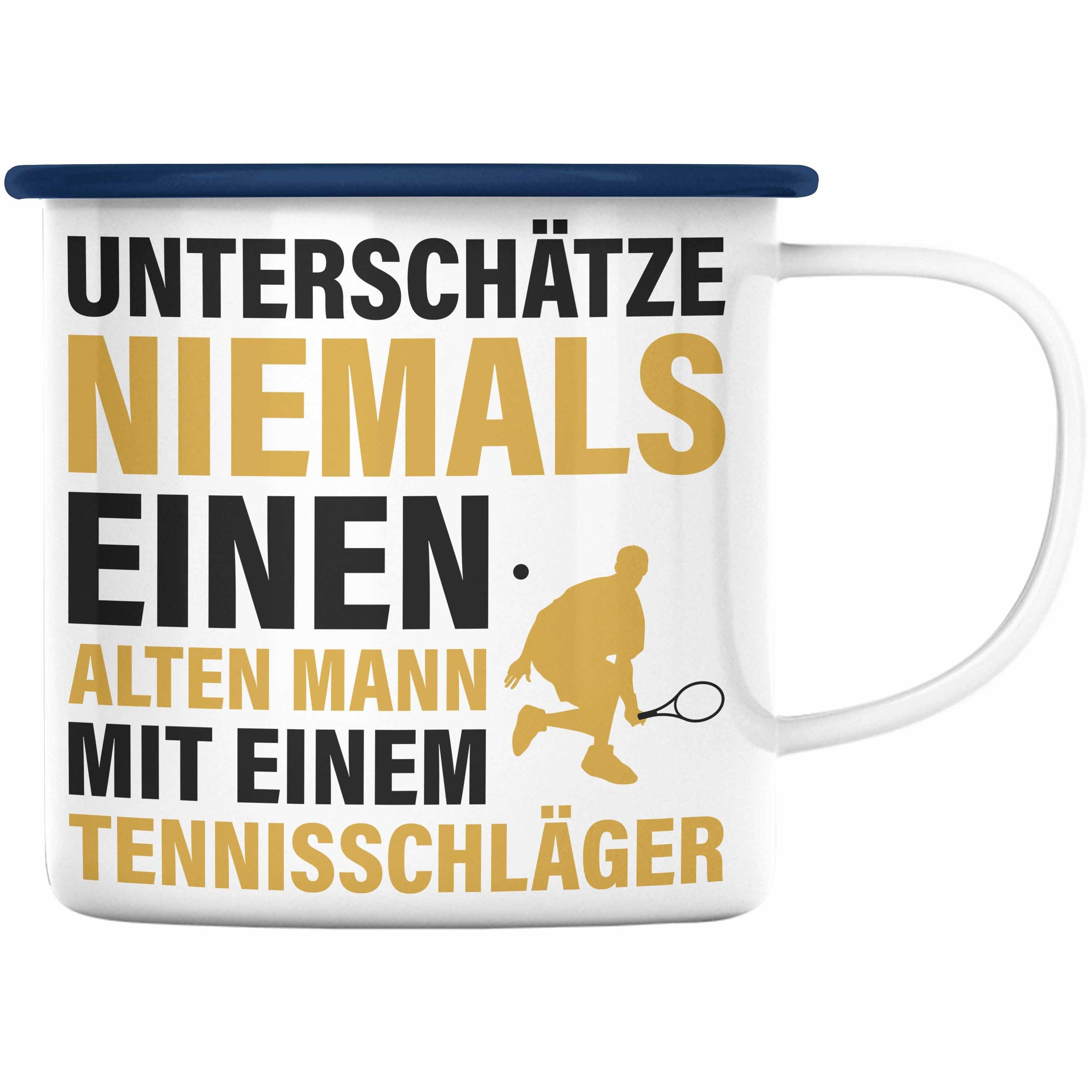 Trendation Thermotasse Trendation - Tennis Emaille Tasse Geschenkidee Tennisspieler KaffeeEmaille Tasse Mann Tennis Geschenk Spruch Blau