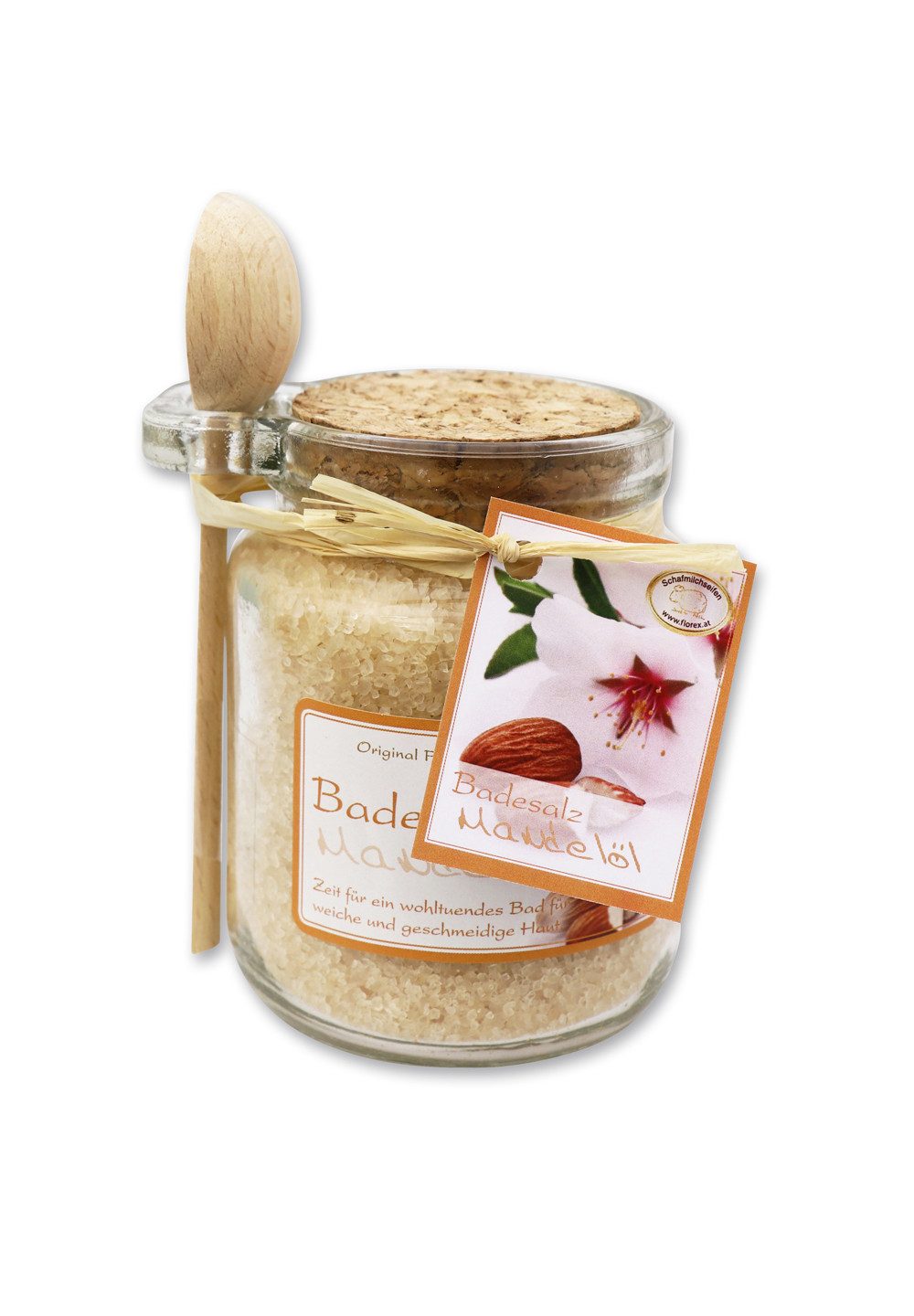 Gerlinde Hofer _ Florex GmbH Badezusatz B1420 Mandelöl, Badesalz mit Bio Schafmilch im Glas mit Holzlöffel 300 g