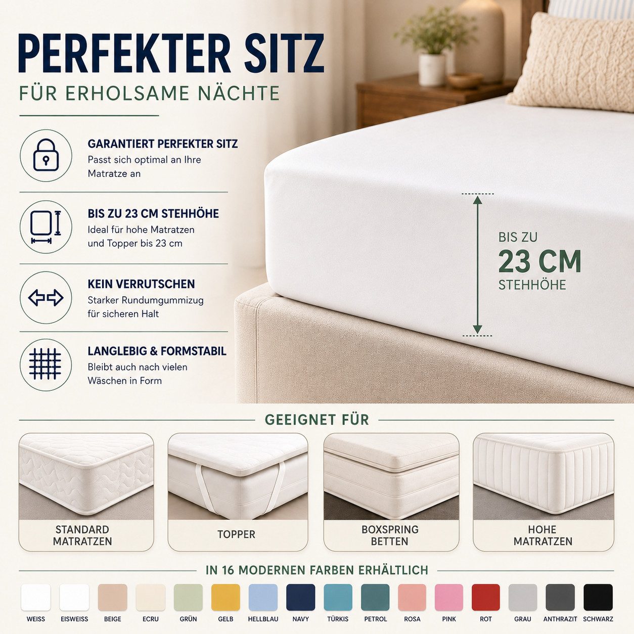 Komfortec Spannbettlaken 4er Set Spannbettlaken aus Baumwolle, OEKO-TEX® STANDARD 100, 5 Größen, 100% Baumwolle, (4 Stück), 5 Größen, 13 Farben – Bild 4 von 5