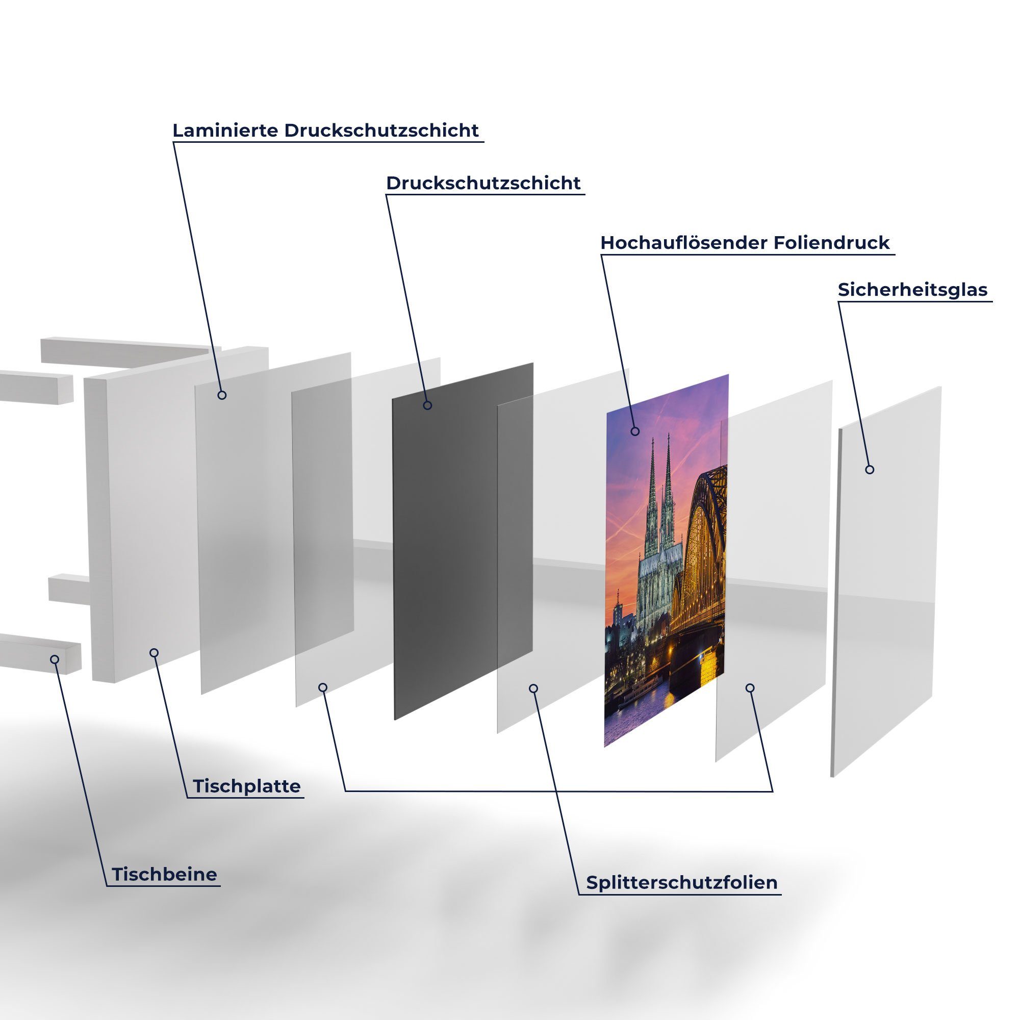 'Kölner Wahrzeichen abends', DEQORI Glastisch modern Glas Beistelltisch Weiß Couchtisch