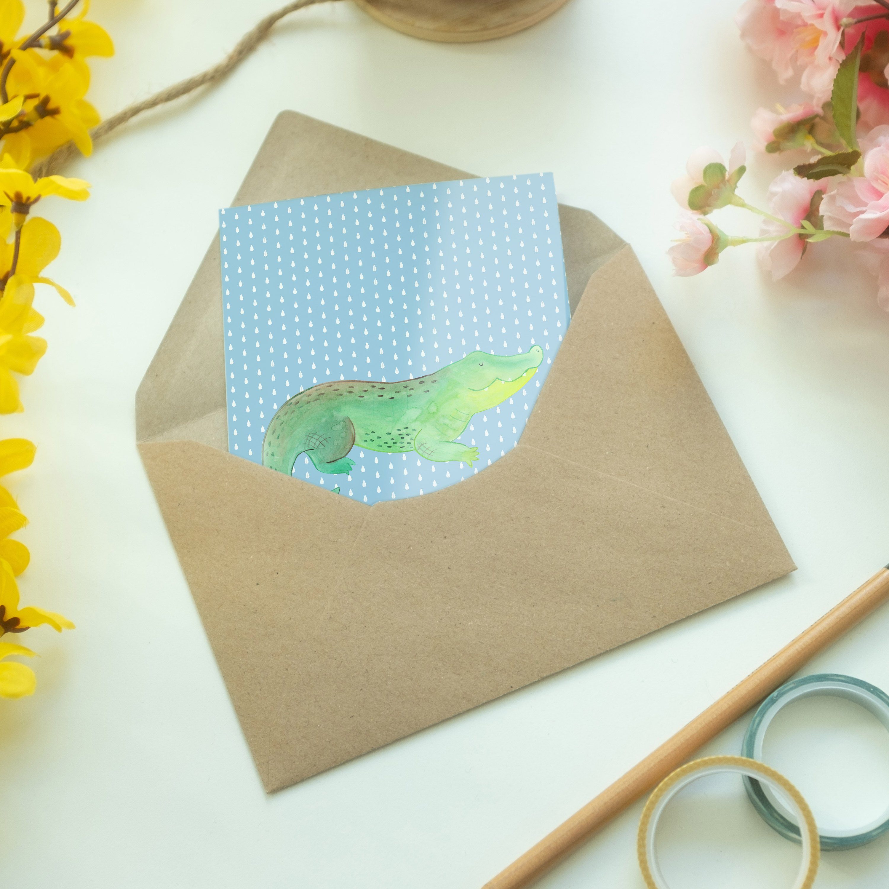 Grußkarte Urlaub, Blau Pastell Panda Krokodil Glückwun - Mr. Geschenk, - Einladungskarte, & Mrs.