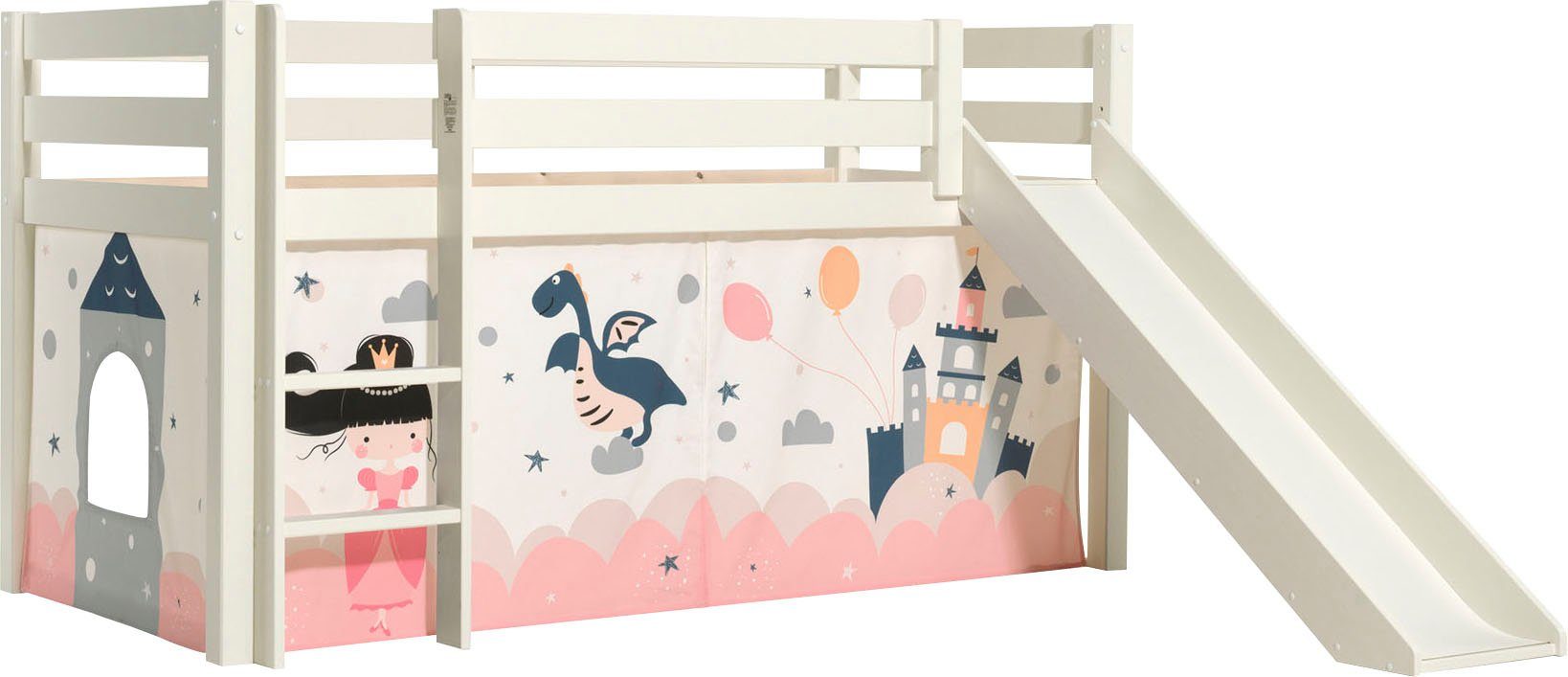 Vipack Spielbett Pino, Kiefer massiv, mit Rolllattenrost u. Textil-Set, Made in Europe (B/H/T ca. 210x114x218cm, mit Absturzschutz, Leiter und Rutsche), verschiedene Textil-Designs und Holzfarben zur Wahl