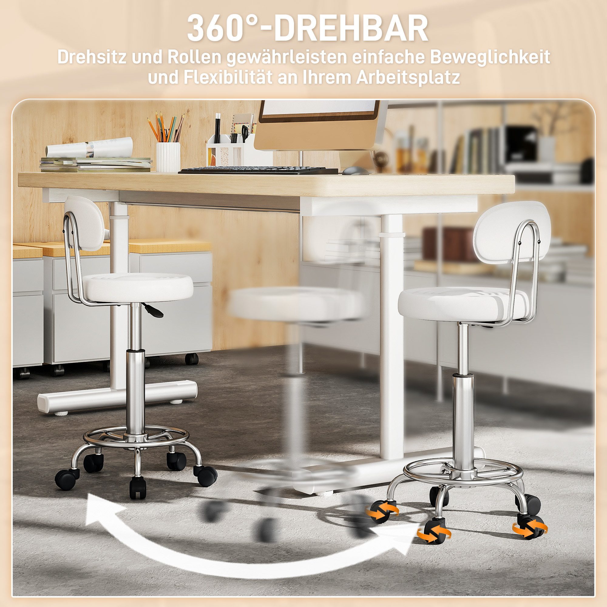 HOMCOM Drehhocker Arbeitshocker mit Fußstütze (Rollhocker, 1 St., Bürohocker), für Büro, Weiß – Bild 5 von 5