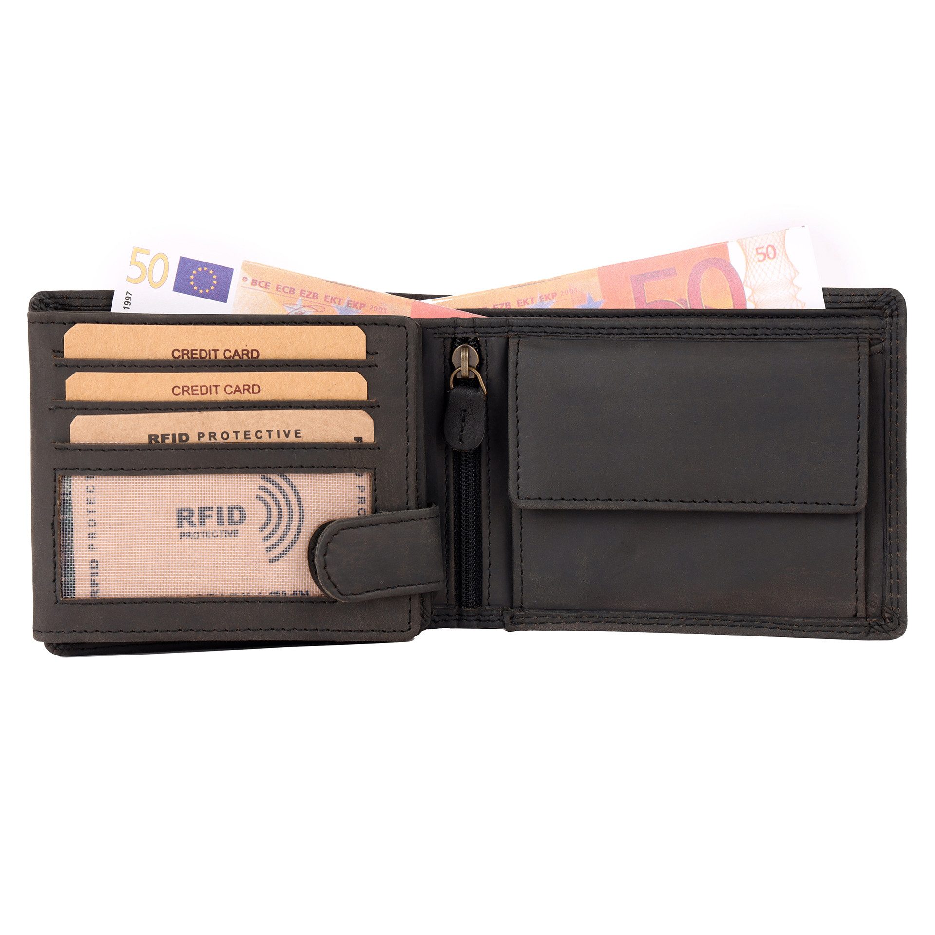 Benthill Geldbörse Herren Echt Leder Portemonnaie RFID mit vielen Kartenfächer Querformat, RFID-Schutz Kartenfächer Münzfach