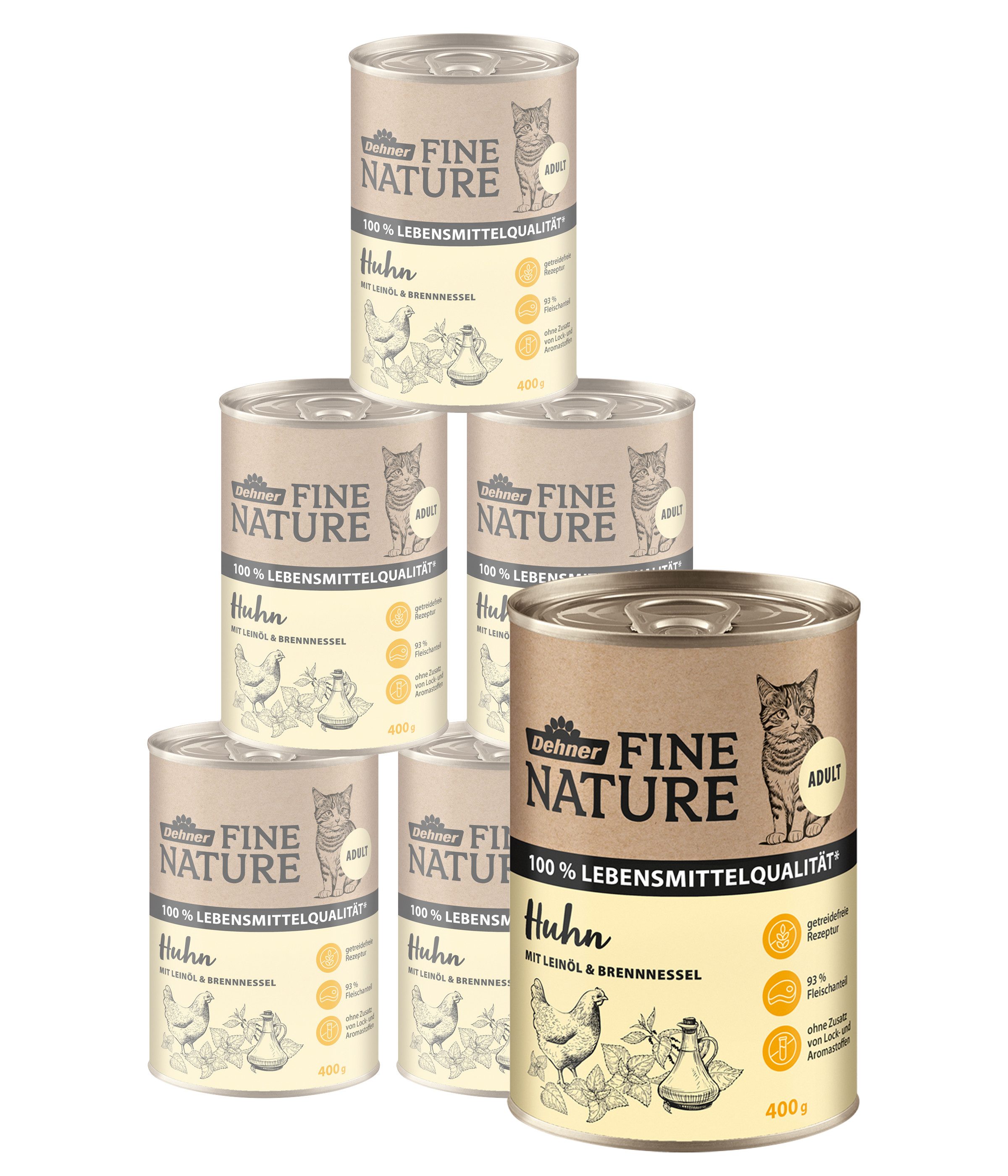Dehner Fine Nature Adult Huhn mit Leinöl, 6 x 200 g / 400 g Dose Huhn, Nassfutter für: Katze, Nassfutter für ausgewachsene Katzen, getreidefrei
