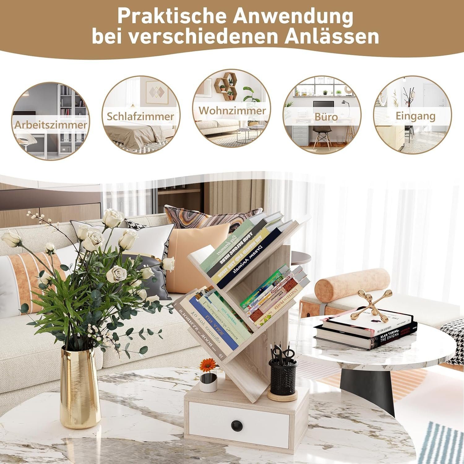 Schublade, Bücherregal beige KOMFOTTEU 60cm in 17,5 mit Baumform, x x 30