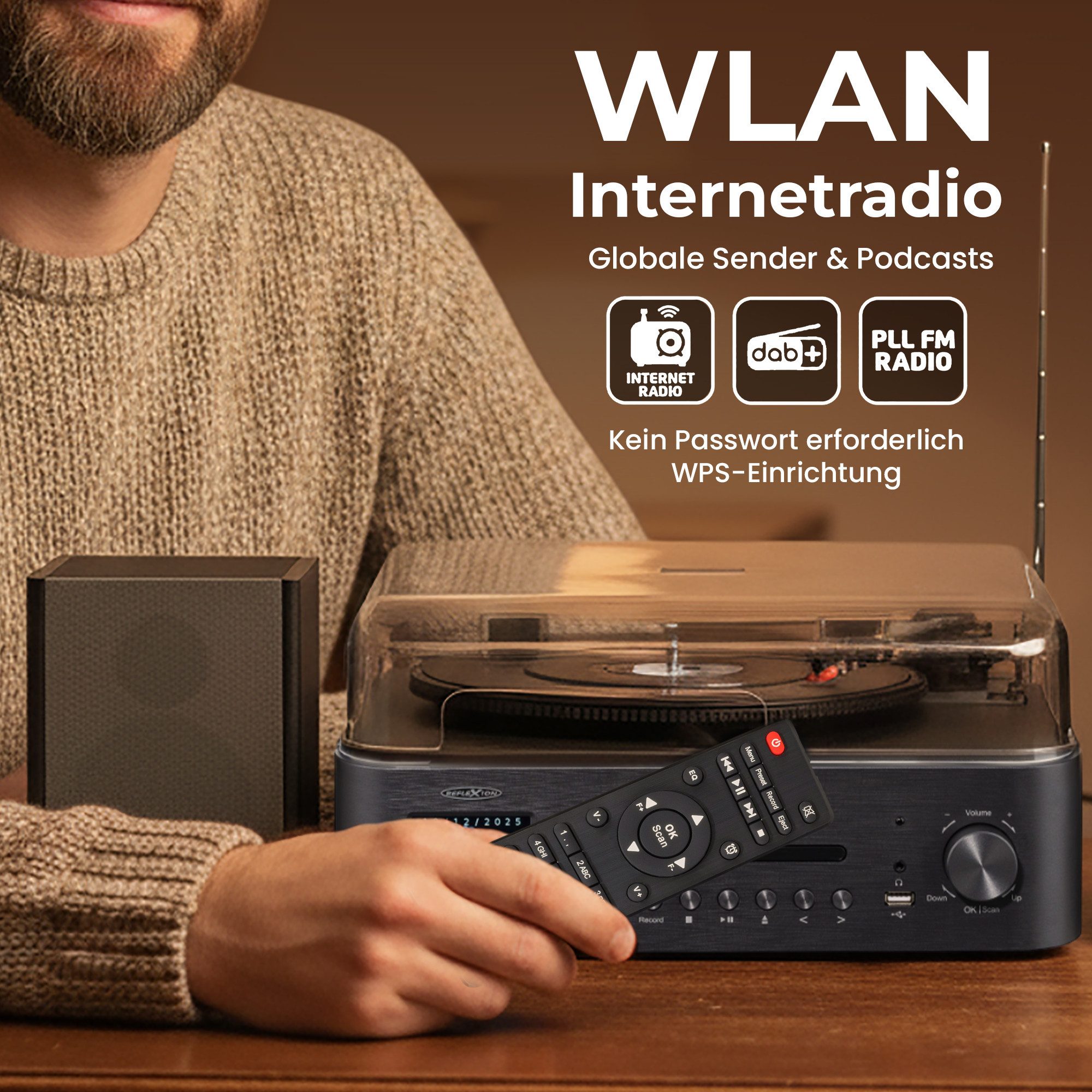 Reflexion HIF2084IR Plattenspieler (Bluetooth, WiFi, DAB+, Internetradio, Bluetooth, CD, Farbdisplay)