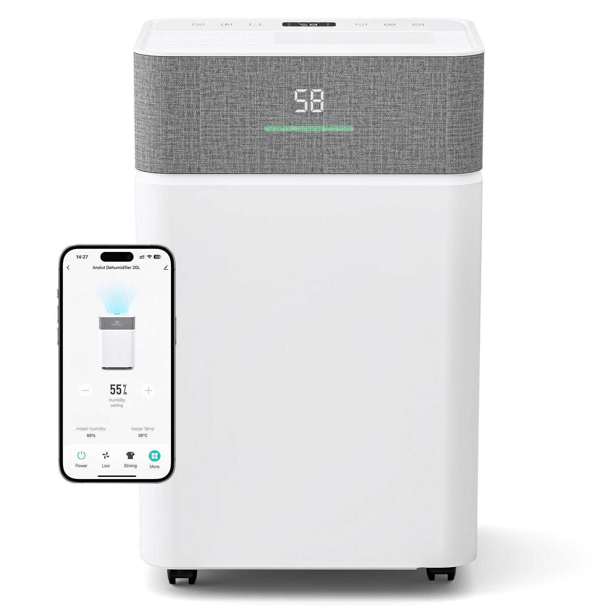 Furnicopia Luftentfeuchter 30L/Tag WLAN, 5,5LTank, Sensor, leise, Auto-Abtauung, Timer, für 100 m³ Räume, Entfeuchtung 20 l/Tag, Tank 4,3 l, R290, 4,3L Tank, Timer, Kindersicherung & 360° Rollen.