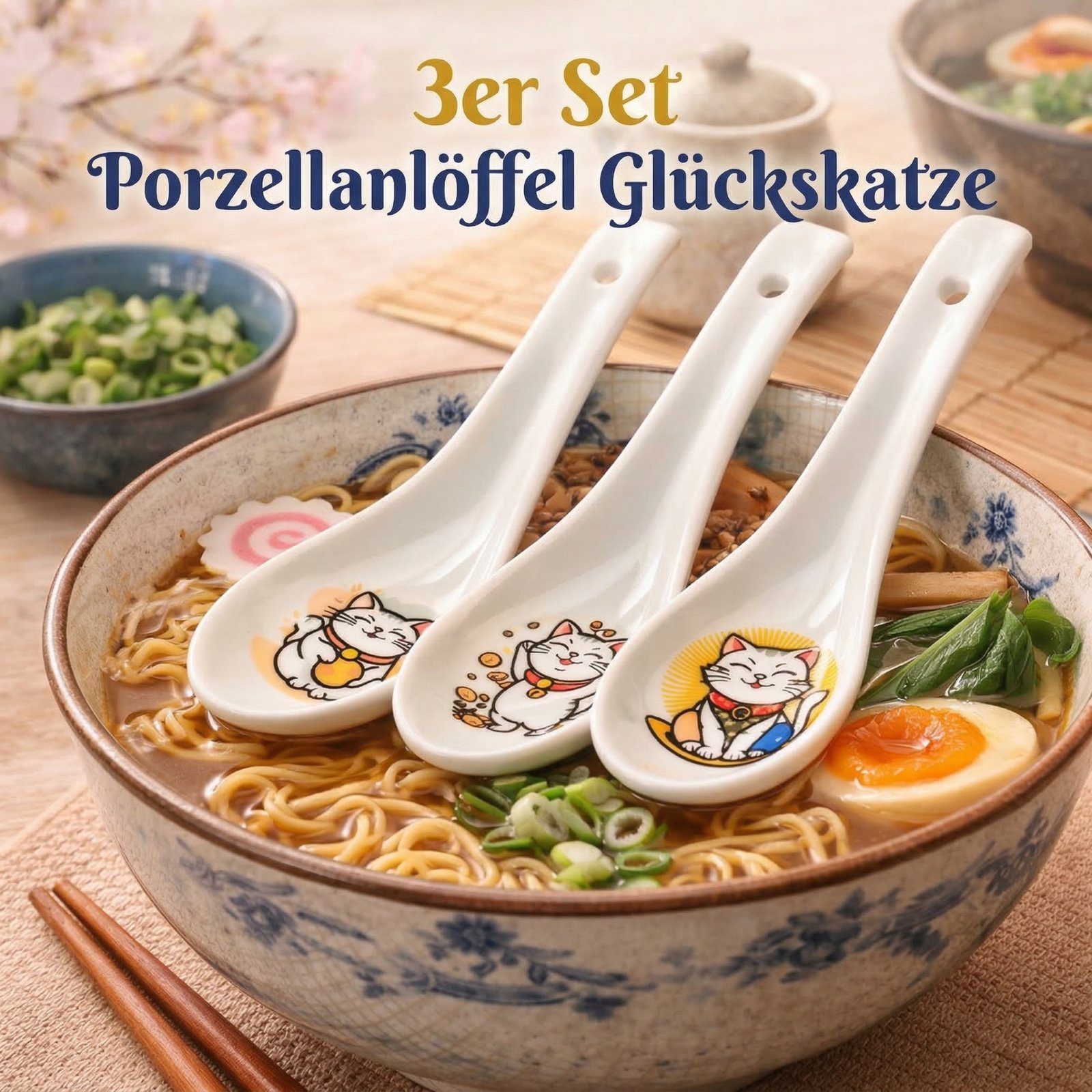 WestCraft Suppenlöffel Glückskatze Porzellanlöffel 3er Set für Ramen, Suppe, Reis & Dessert (3 Stück), Mit 3 Maneki Neko Motiven, lebensmittelecht & alltagstauglich