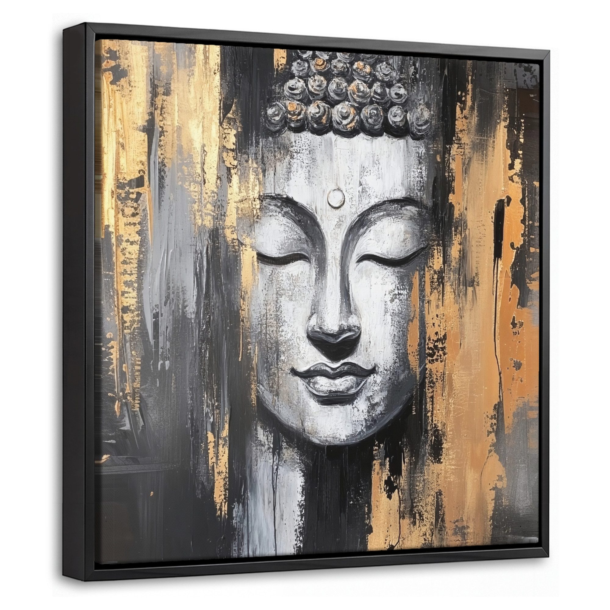 OneMillionCanvasses® Leinwandbild mit Rahmen - Buddha - Pinselstriche - Gold - Abstrakt, Fotodruck (1 St), Leinwand Bilder Klein, Wand Dekoration Aesthetic 20x20cm