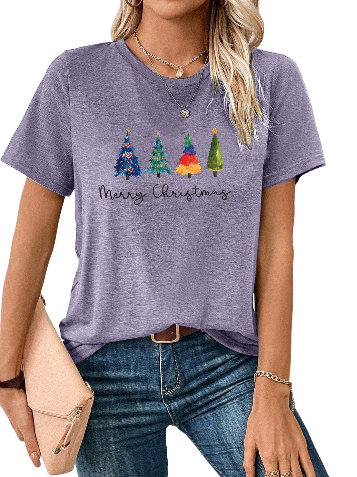 PYLIKE Kurzarmbluse Bequemes Shirt Damen Kurzarm Basic-Shirt mit Weihnachts günstig online kaufen