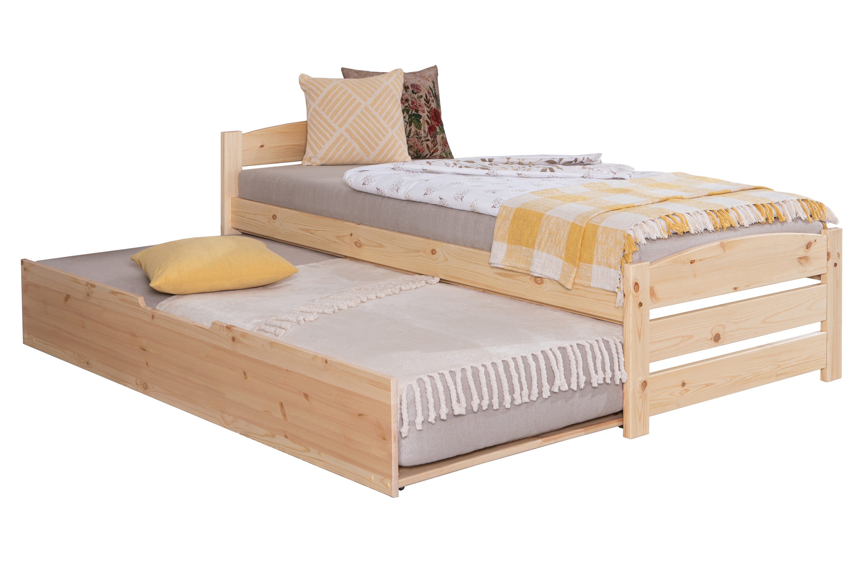 Ticaa Bettgestell Massivholzbett Loni Daybett Funktionsbett, inkl. Roll-Lattenrost & Ausziehbett, skandinavischer Stil, Natur