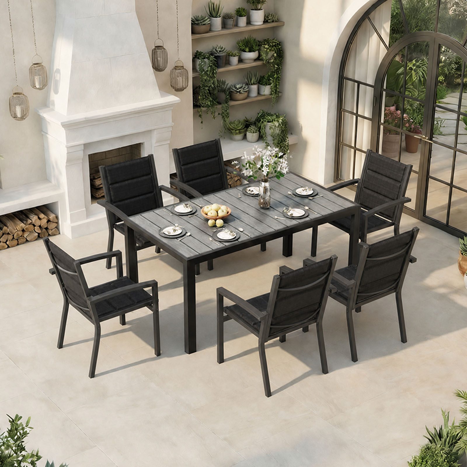 HOMALL Garten-Essgruppe 150/180cm Holzoptik Aluminiumtisch und Gartenstühle mit armlehnen, (7-tlg), Stapelbare Gartenstühle bis 160kg, rostfreier Aluminiumtisch bis 100kg