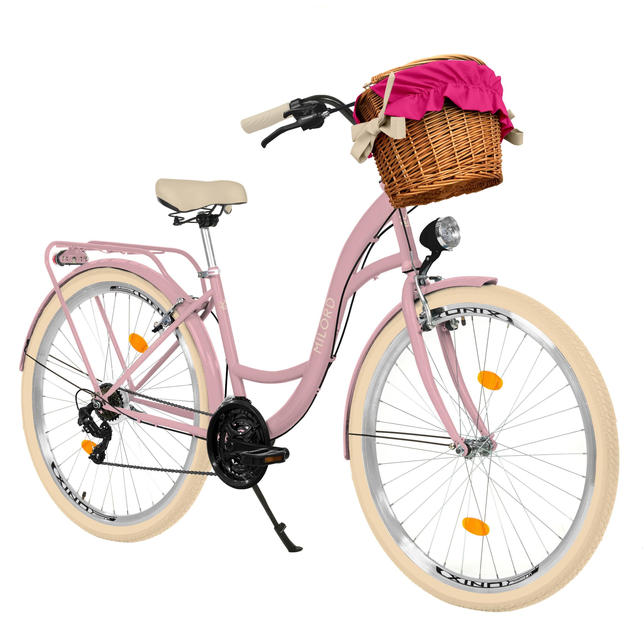 Milord Cityrad Damenfahrrad Citybike Mit Weidenkorb Fahrrad, 26/28 Zoll, 21-Gang, 21 Gang, (Fahrradständer, Gepäckträger, Klingel, Korb, Kotflügel)