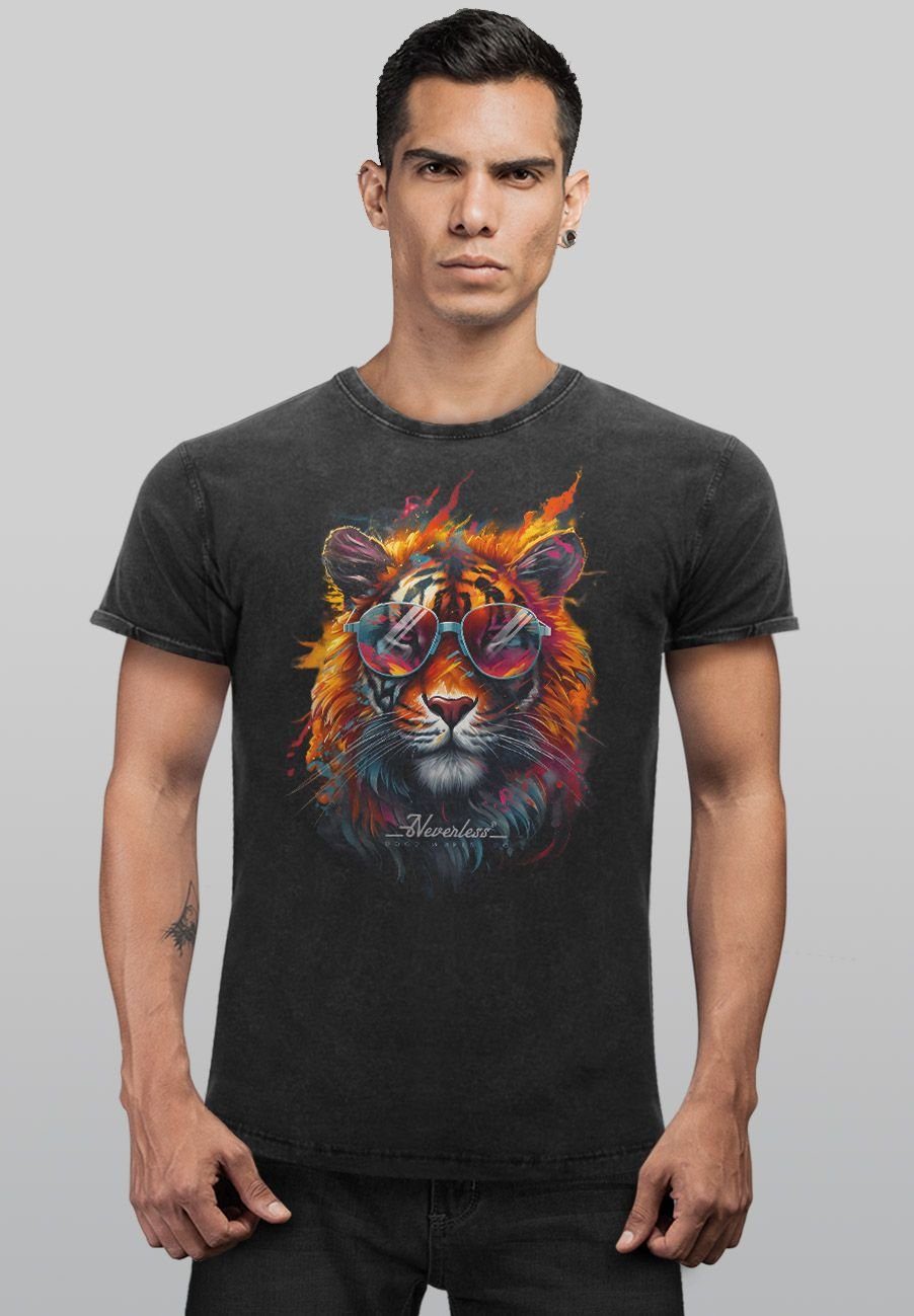 Shirt Print Herren Print Aufdruck Neverless mit Vintage Tiger Sonnenbrille Flammen Print-Shirt Sommer