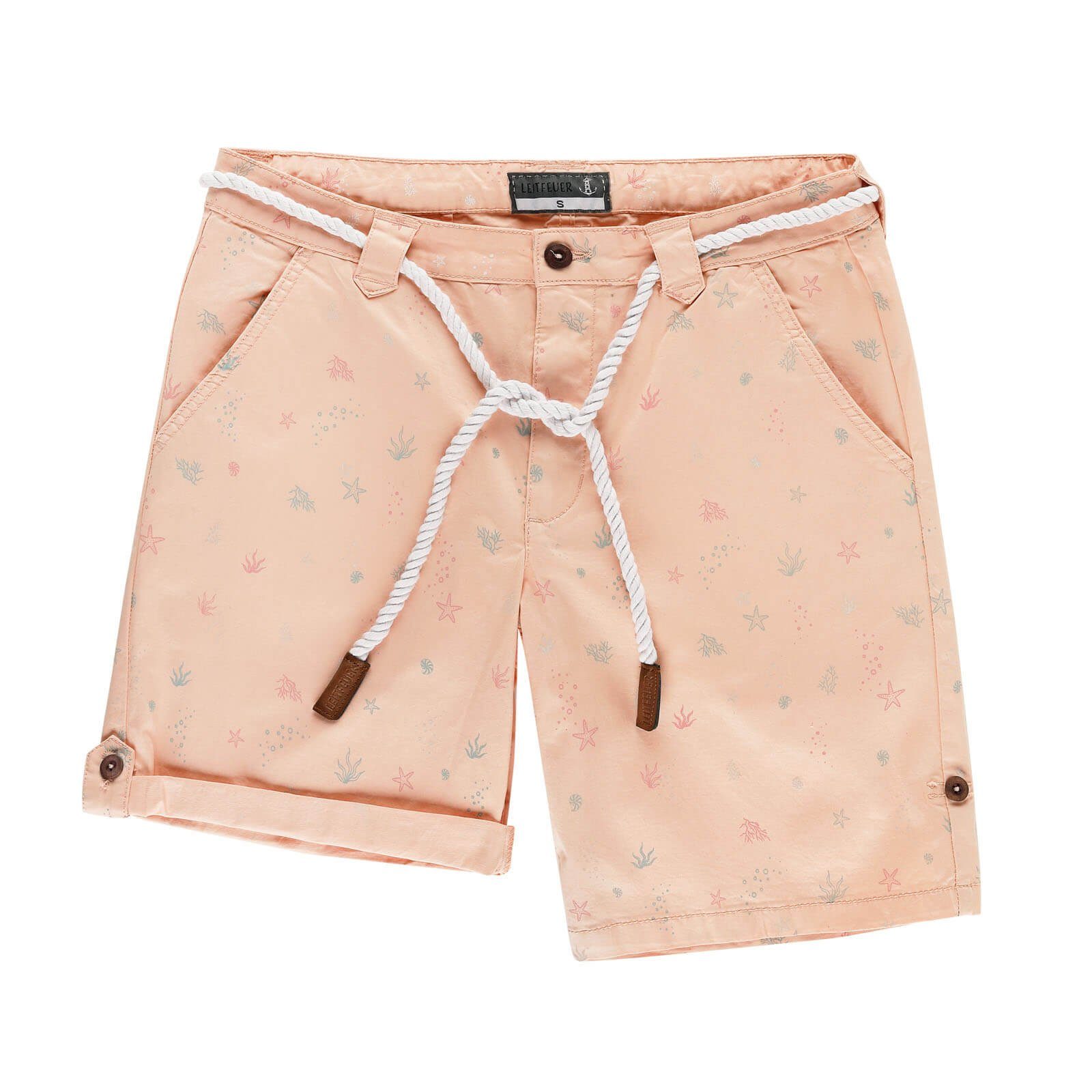 Leitfeuer Bermudas Damen Shorts mit maritimen Print - Kurze Hose mit geflochtenem Gürtel apricot