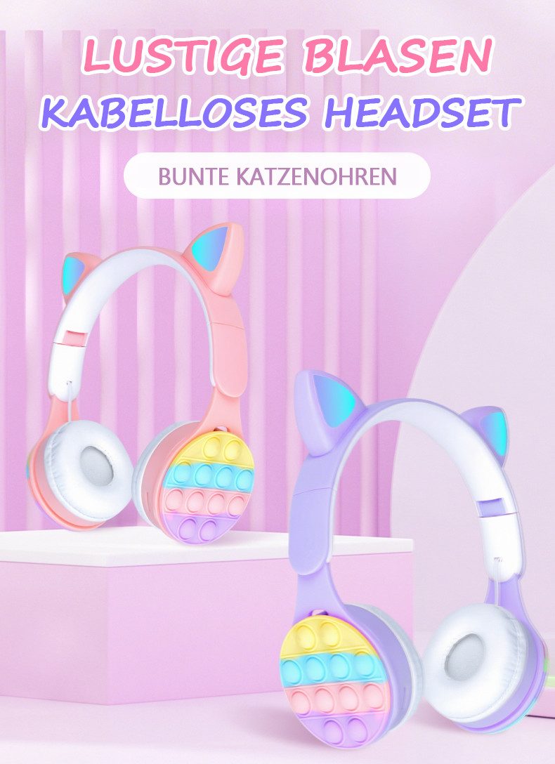 Tekoo Kinderkopfhörer Bluetooth 5.3 LED Katzenohren Pop-It Design AUX Kinder-Kopfhörer (LED Katzenohren, Pop-It Design, Faltbar, Lautstärkebegrenzung)